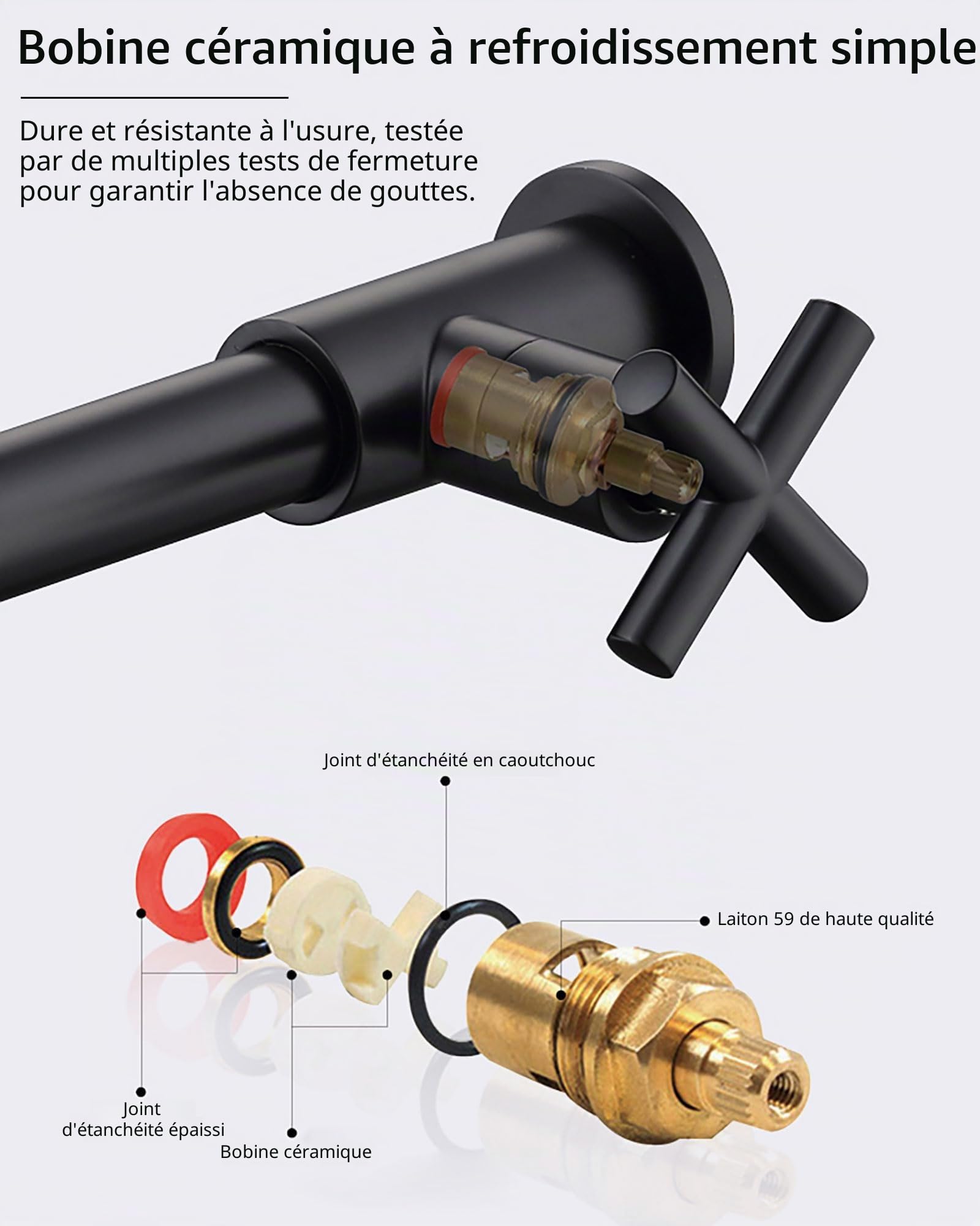 PHASAT Robinet Mural Eau Froide de salle de bain, Robinet de Jardin avec Croix Poignée pour Extérieur, évier à Vadrouille, Noir PTMP20B