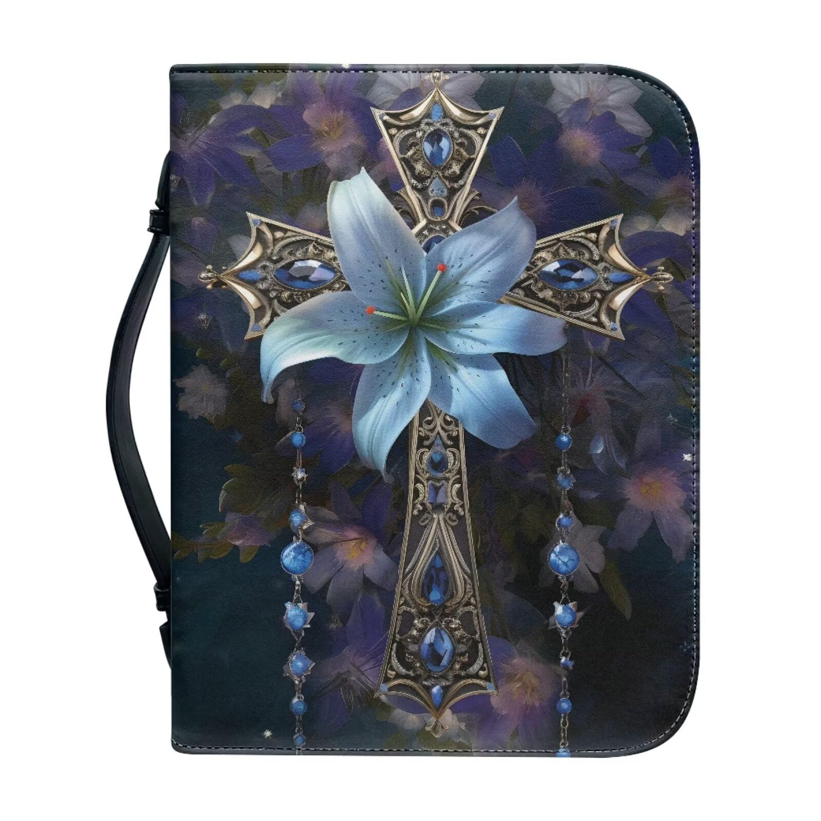 Ceudet Bible Covers Bible Case Girls Book Carrying Case for Women Scripture Church Bag Biblewith Handle Zippered Pocket,Floral and Cross,L — image 1