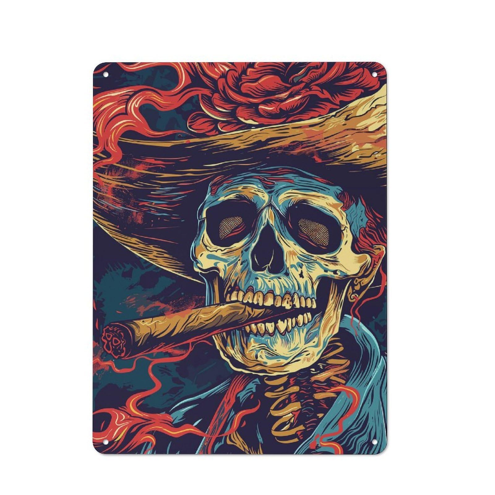 Junmoney Cigar Smoking Skeleton Rustic Metal Sign 40X30cm For Guest Room Or Hallway, Suited To Hallway Wall Decor Fans