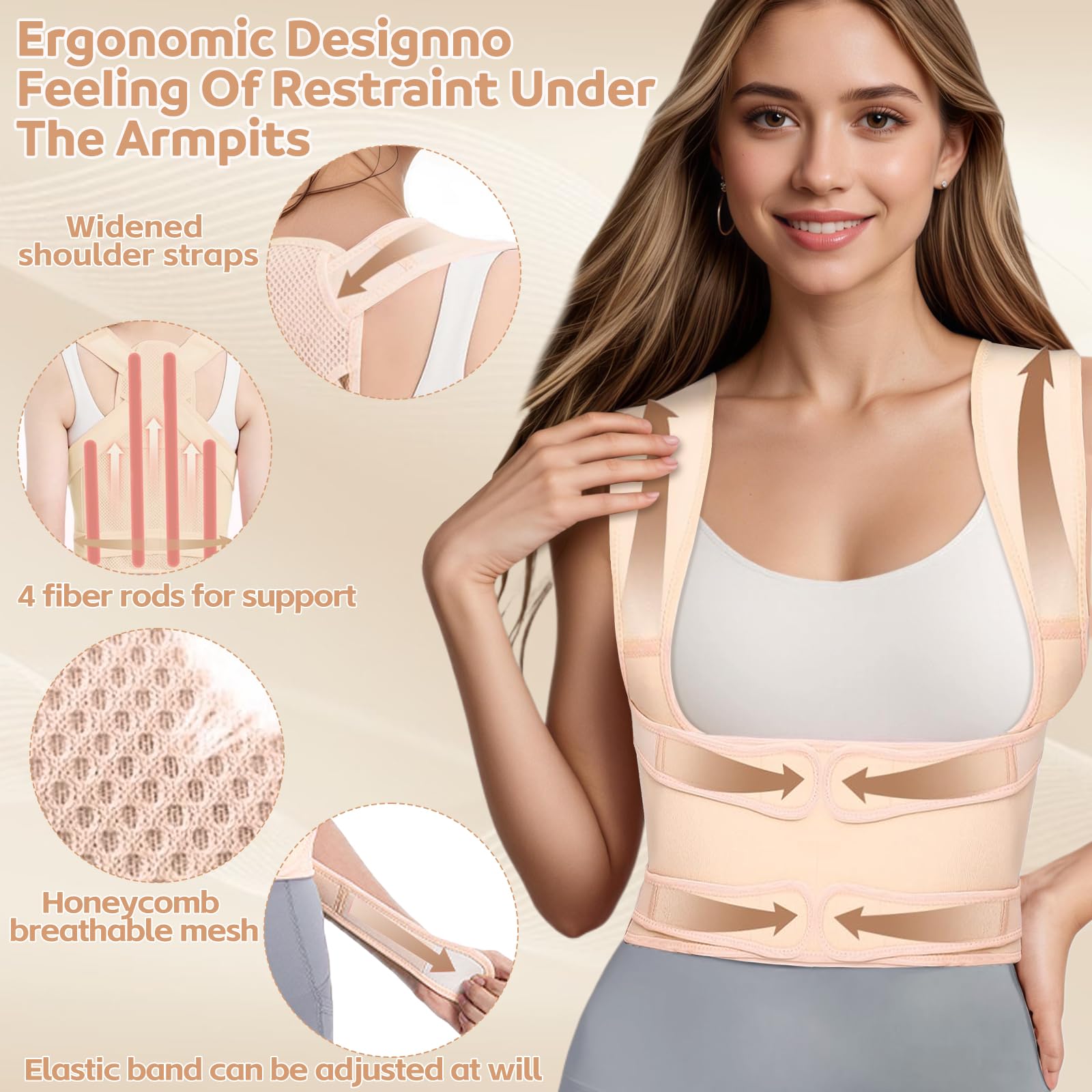 Rücken Geradehalter, Schultergurt Haltungskorrektur Damen und Herren, Atmungsaktiv und Verstellbar Rückenstütze die Taille, für lange Büroarbeit, Studium und Sport (Beige, M)