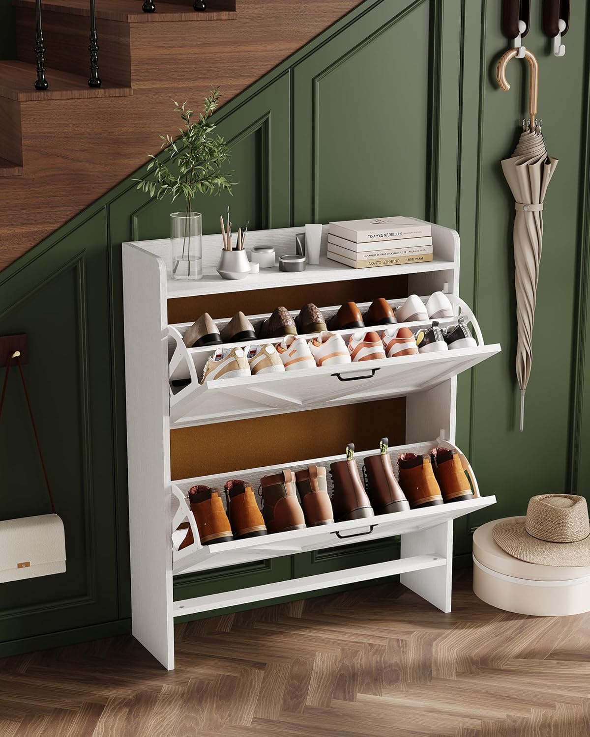 Breit 80 X24x100 Hoch cm Schuhschrank Mit 2 Klappen, Verstellbare Zweistufige Regalböden, Schmal Schuhkipper Schrank Shoe Cabinet für Flur, Weiß