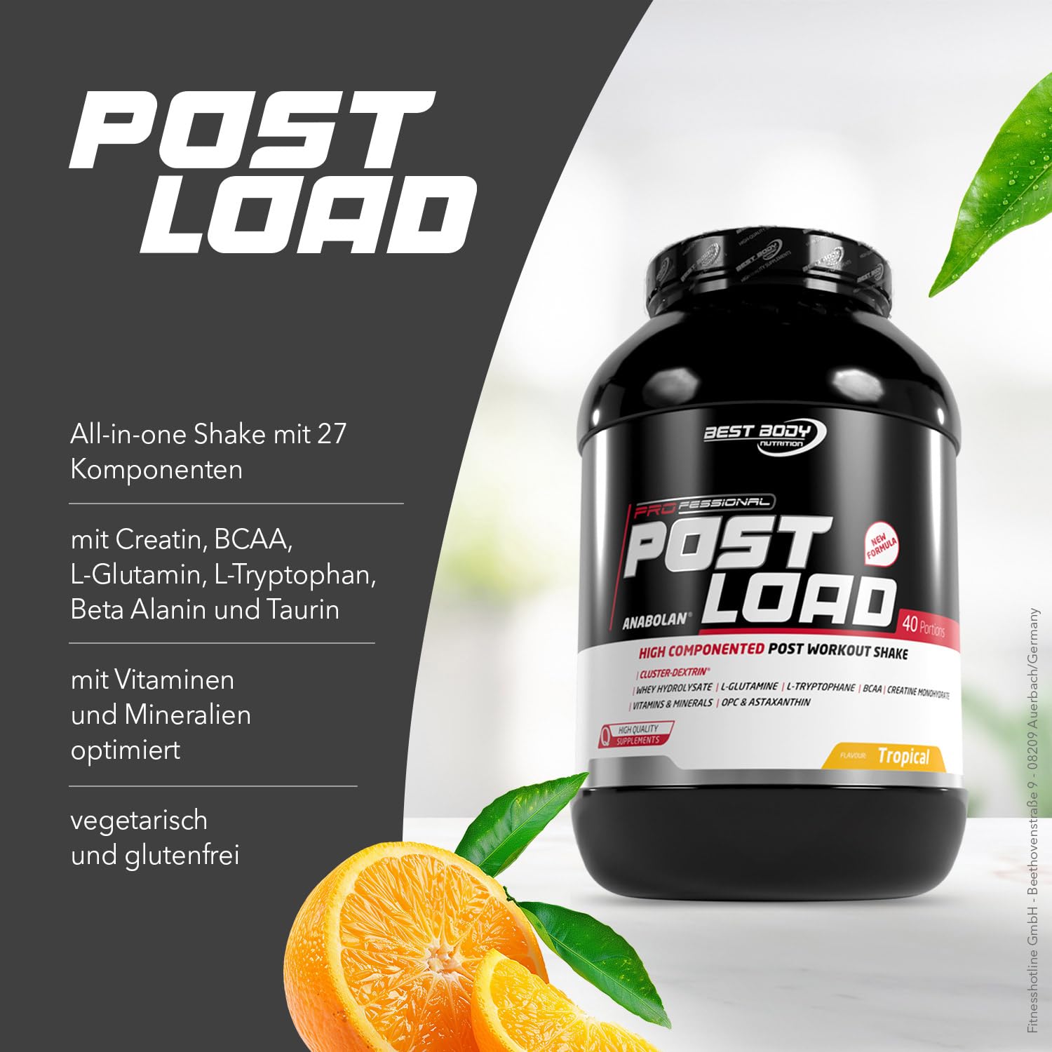 Best Body Nutrition Anabolan Post Load 2.0 – 1800g Tropical – Shake mit Wheyhydrolysat, Creatin, BCAA, Vitaminen & Mineralstoffen – für aktive Ernährung nach dem Training – ohne Gluten, vegetarisch