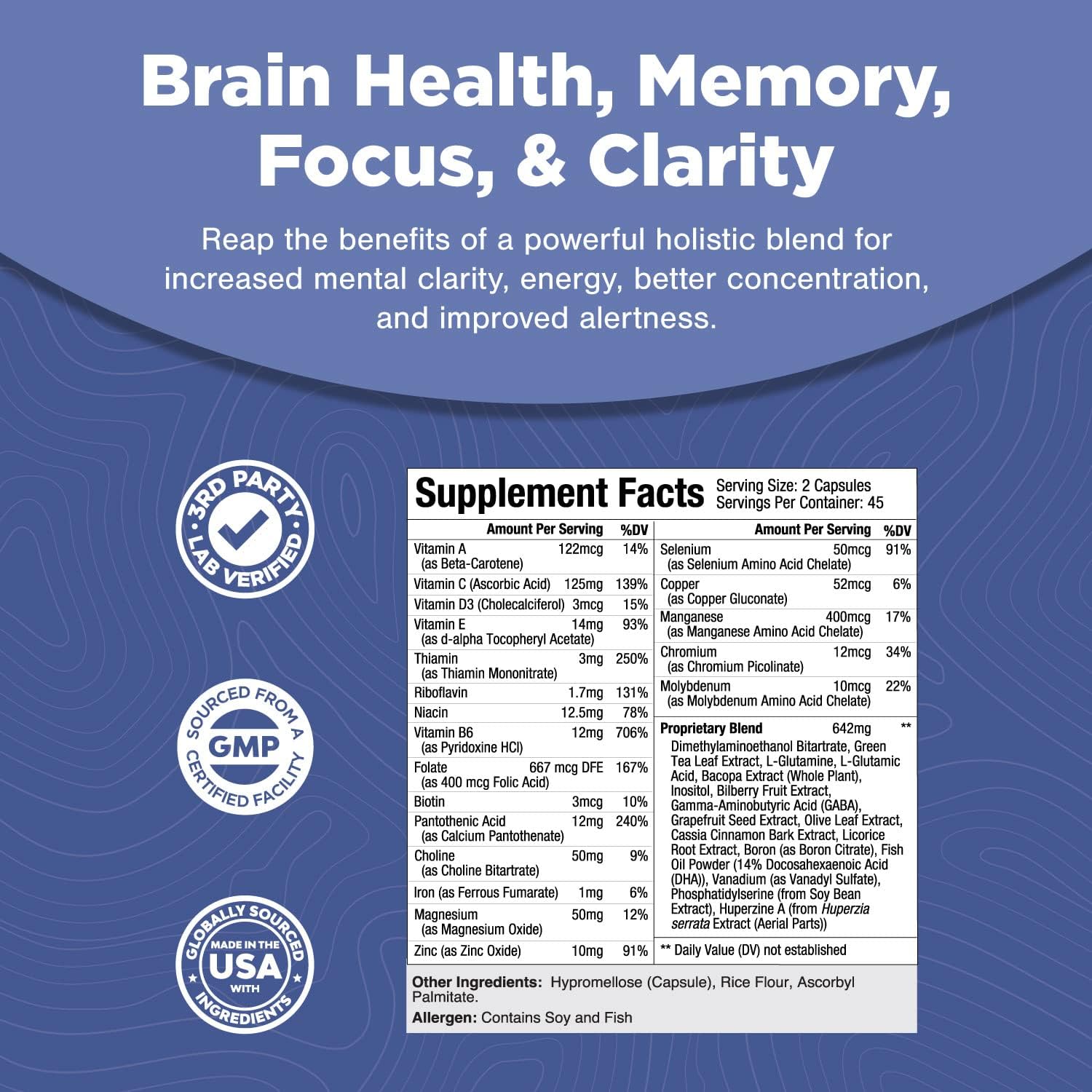 Advanced Nootropics Brain Support Supplement - Synergetic Mental Energy and Focus Supplement with Brain Vitamins for Cognitive Enhancement - Mind and Memory Supplement for Brain Health 45 Servings