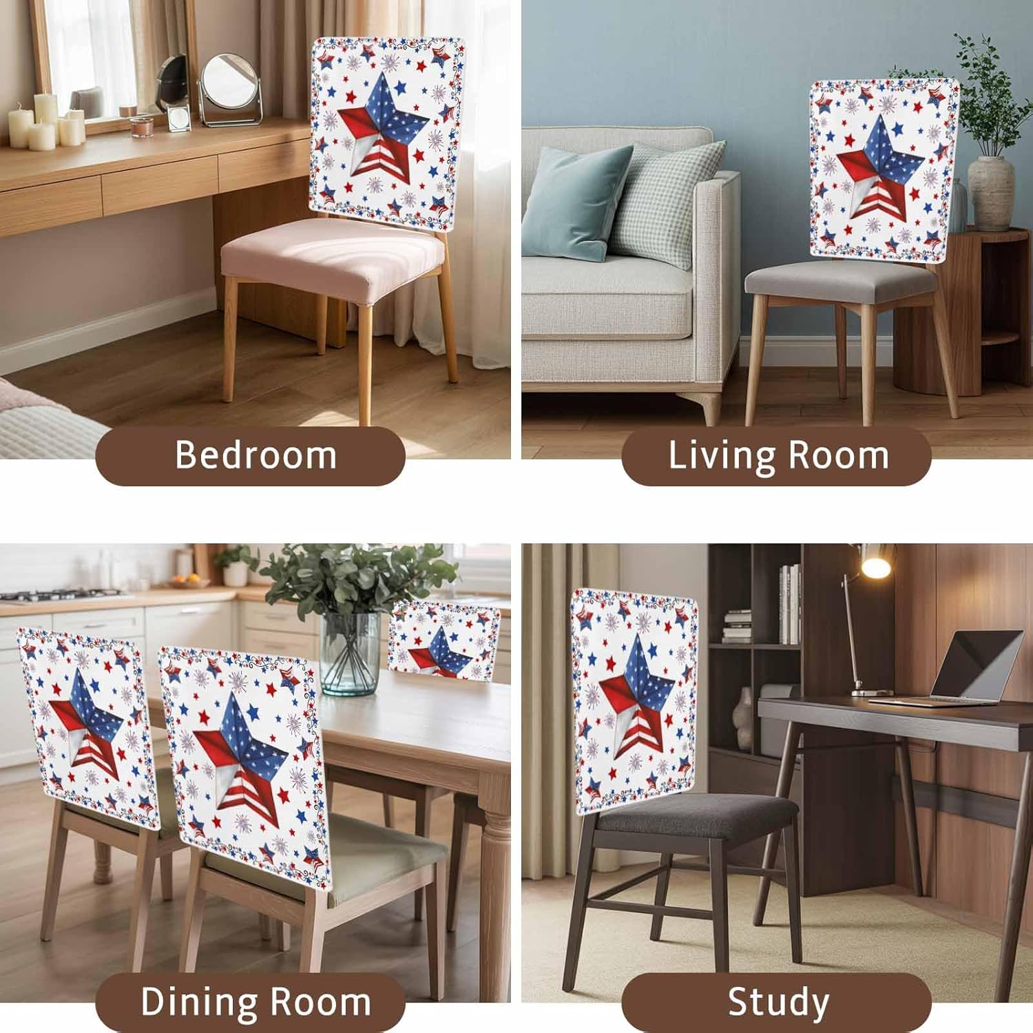 July of 4th Chair Back Covers Set of 6, Dining Back Chair Cover Removable Washable Back Slipcovers, Independence Day Stars Red Blue Kitchen Chair Protector for Wedding Party Housewarming