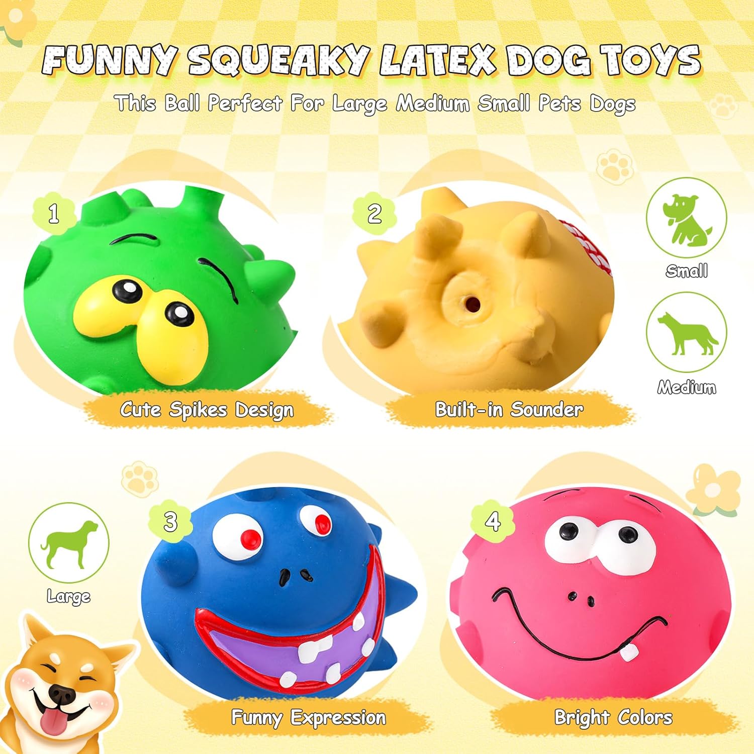 24 Pcs 2.95'' Expression Squeaky Dog Toys Latex Soft Interactive Squeaky Ball for Large Medium Small Dogs Pets Chewing Teething Fetching Playing Training, 4 Styles
