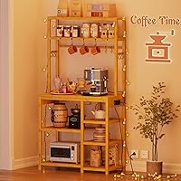 Vista 7 de Estante para panaderos con tomas de corriente, soporte para microondas de 8 niveles, estante de almacenamiento de cocina con 10 ganchos