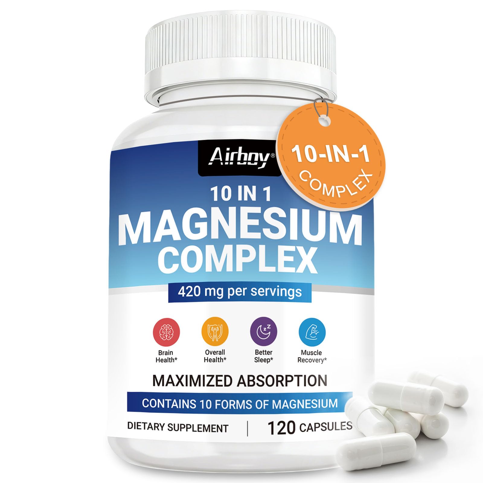 Magnesium Complex Supplement 10 Elemental 1000mg, 10 in 1 Magnesium Glycinate, Citrate, Malate & More, High Absorption Mag Complex for Nerves, Bone & Heart Health | 120 Vegan Capsules