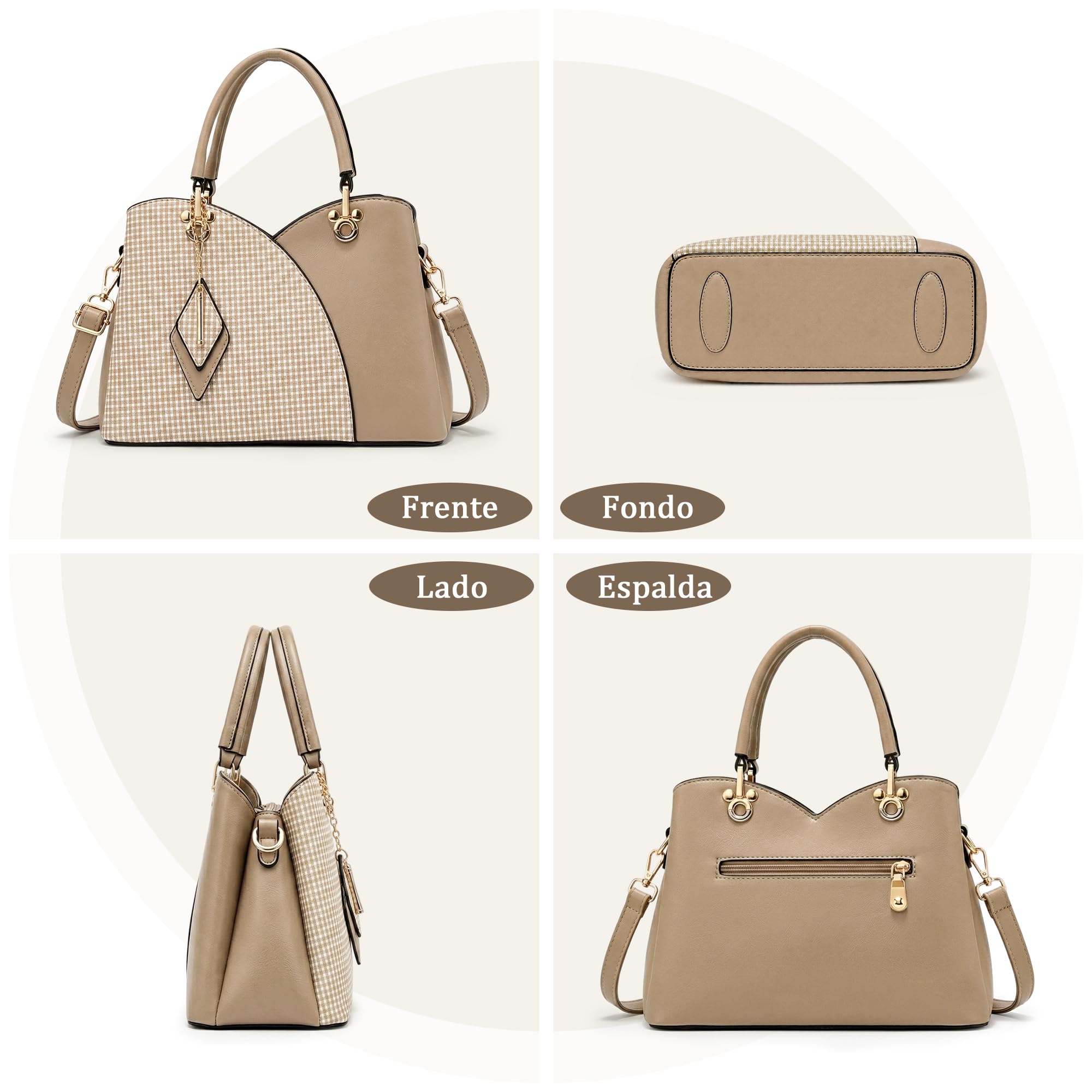 Bolso de Mano Mujer Moda Cuadros Bolso Bandolera PU Cuero Bolso Señoras Tote Elegante Bolsa de Hombro con Colgante Rombo para Trabajo Fiesta Marrón