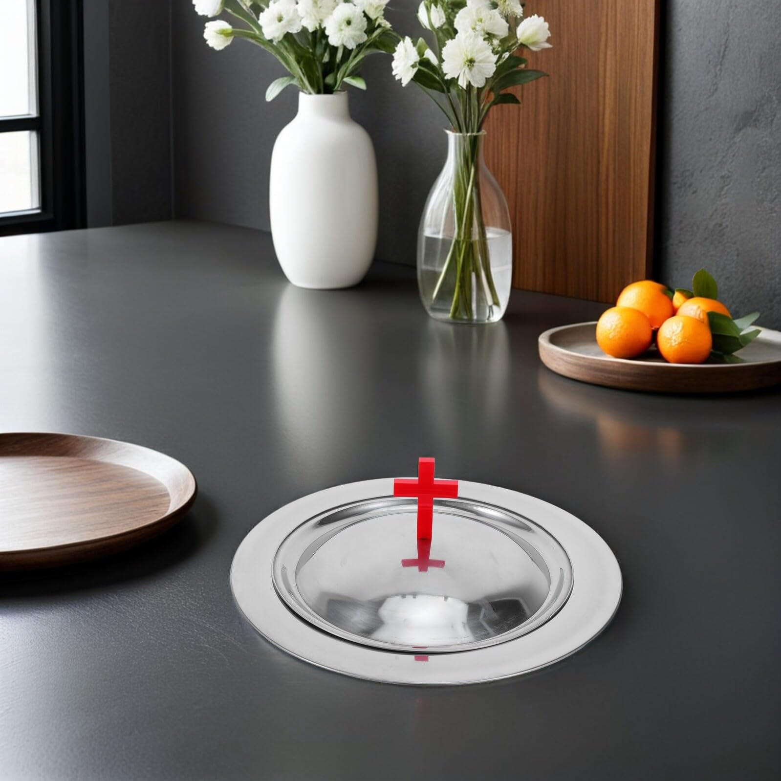 Gadpiparty Vassoio per la Comunione in Acciaio Inossidabile 30 CM con Coperchio e Copri Pane Rosso a Croce Piatto Sacro per Servizio Altare e Forniture per Cerimonie Religiose in Chiesa