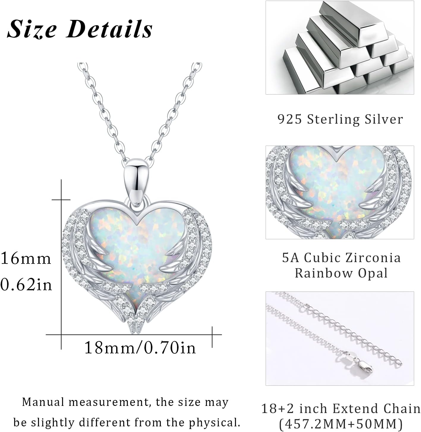 CUOKA MIRACLE Heart Necklace Angel Wing Heart Opal 925 Sterling Silver Women Pendant Guardian Angel Wings Pendant Necklace Dainty Opal Jewelry Birthday Gifts for Mom Women - Image 2