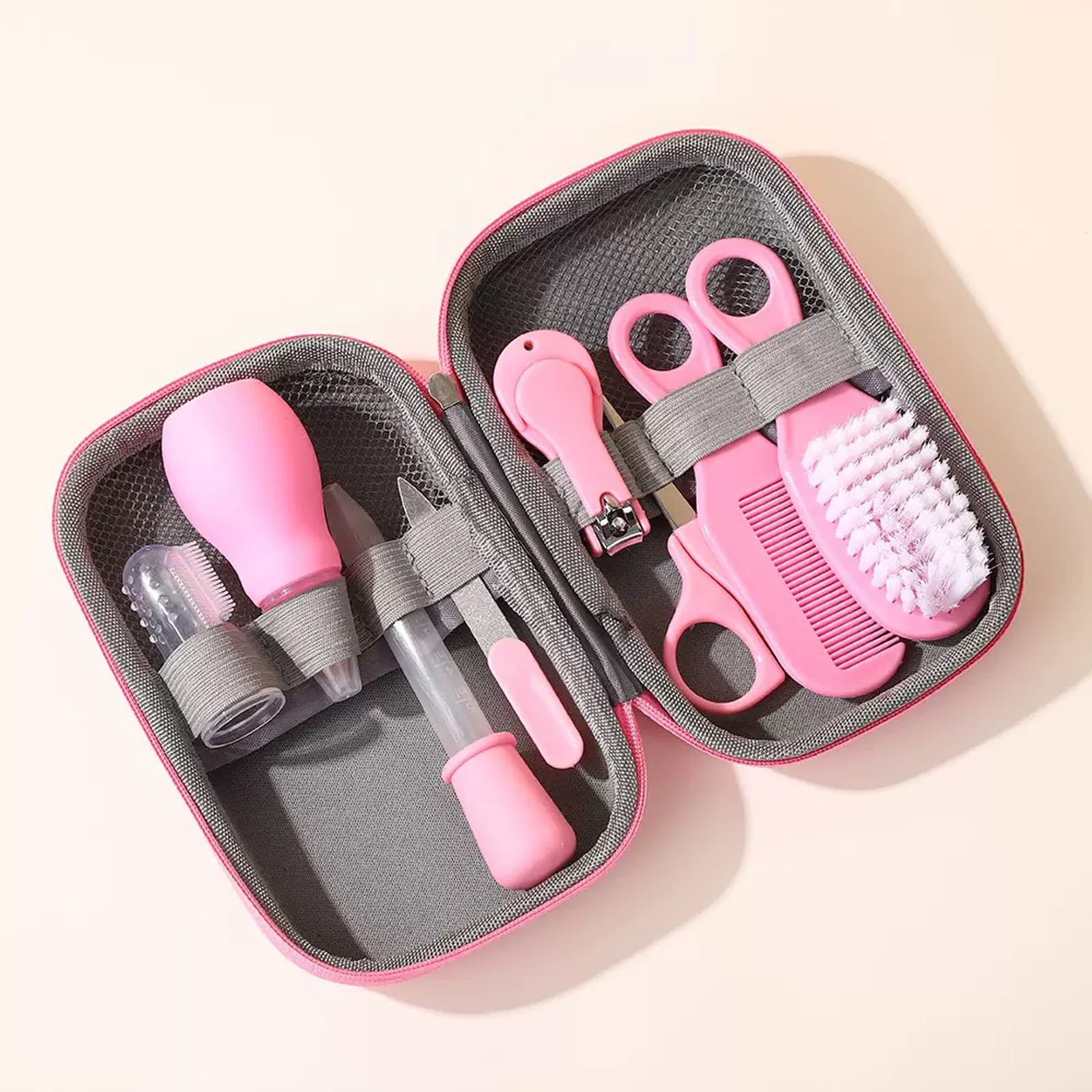 Liemuao Kit Trousse de Toilette Bebe, 13 Accessoires Essentiels Soin de Bébé - Brosse à Cheveux, Thermomètre Digital et de Bain, Coupe-Ongles, Lime, pour Nouveau-Né Fille et Garçon (Rose)