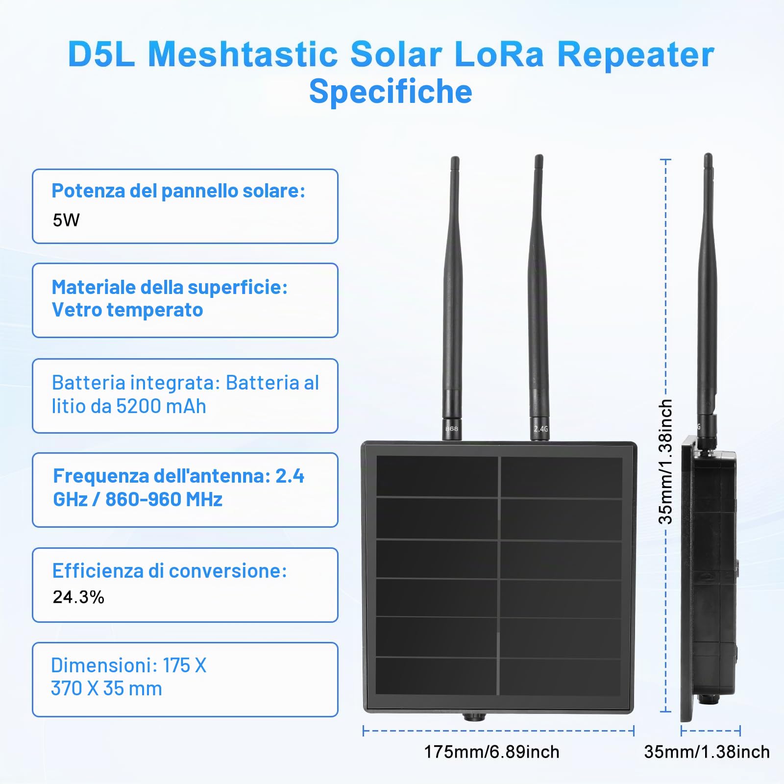 D5L Meshtastic Solar-LoRa-Repeater, compatibile con nodi Meshcore Meshtastic, antenna 868 MHz, pannello solare, batteria integrata da 5000 mAh e regolatore di carica