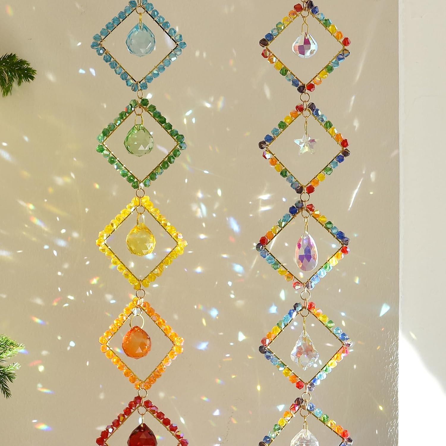 7 Chakra Crystal Light Catcher - Handwoven Sun Catcher with Geometric Metal Frames, Rainbow Maker for Windows, Garden & Balcony Decor, Rainbow Crystal Beads, 7-Tier (Colorful Colors)