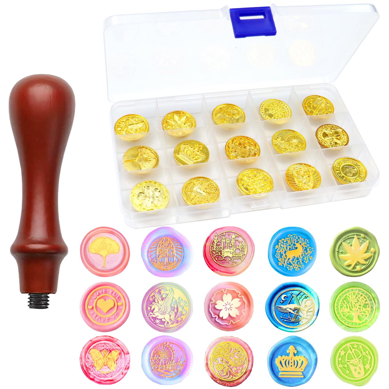 RUIJIE 15 Piezas Sello de Cera con 1 Mango de Madera Retro & 1 Caja de Almacenaje, Cabezal de Sello, Sello Lacre Kit, Cabezas de Sello de Lacre para sobre, Invitación, Adorno, Decoración de Regalo