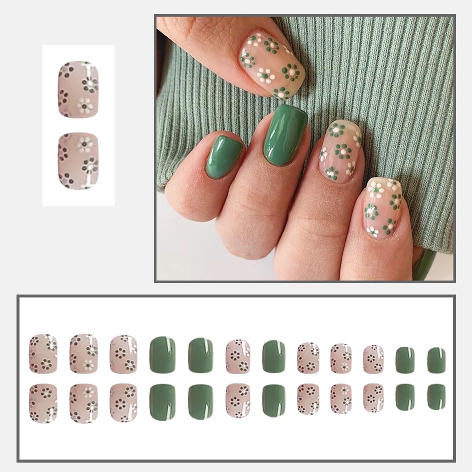 Amazon.com: Spring Nails 24 Pcs Green Press on Nails Flower Designs RIICFDD  Short Square Fake Nails with Cute Floral Pattern Full Cover False Nails  Summer Glue on Nails for Women Girls :