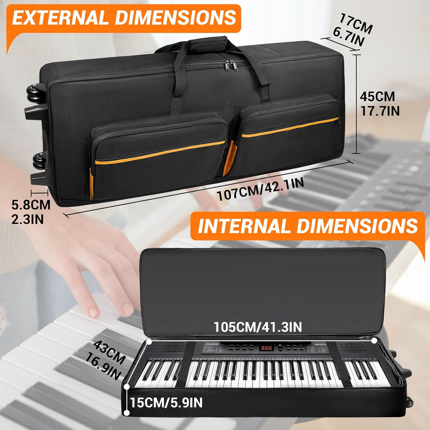 ORKELS 61-Key Keyboard Case with Wheels & Adjustable Shoulder Straps– Padded Rolling Gig Bag with 4 Accessory Pockets, for Digital Piano, Synthesizer & Keyboard