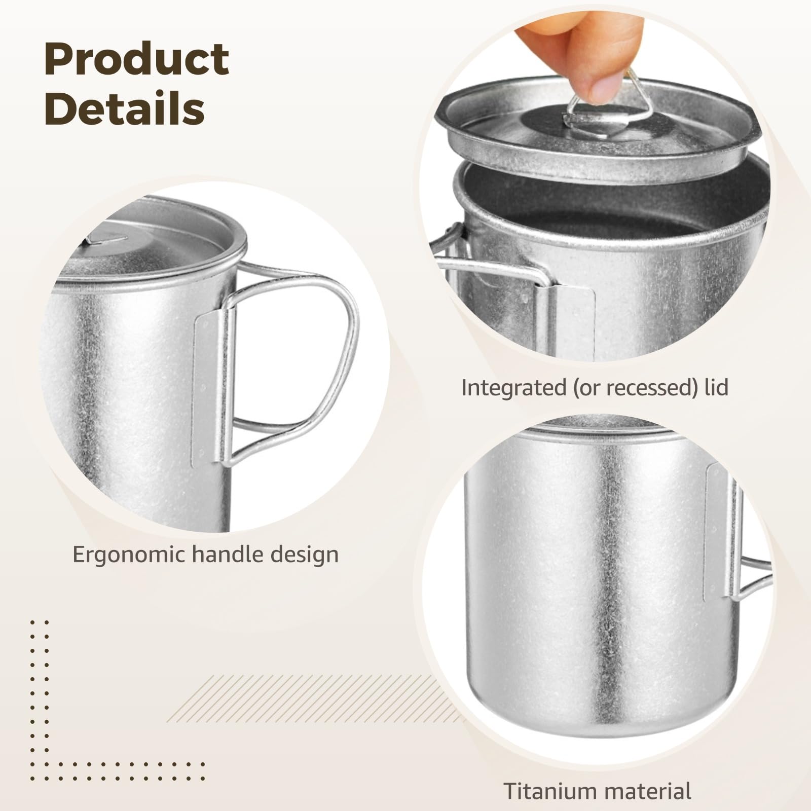 Titan-Campingbecher 450 ml mit Deckel, ultraleichter Titan-Topf mit klappbarem Griff, korrosionsbeständig, direkt erhitzbar, tragbar für Reise, Camping und Outdoor