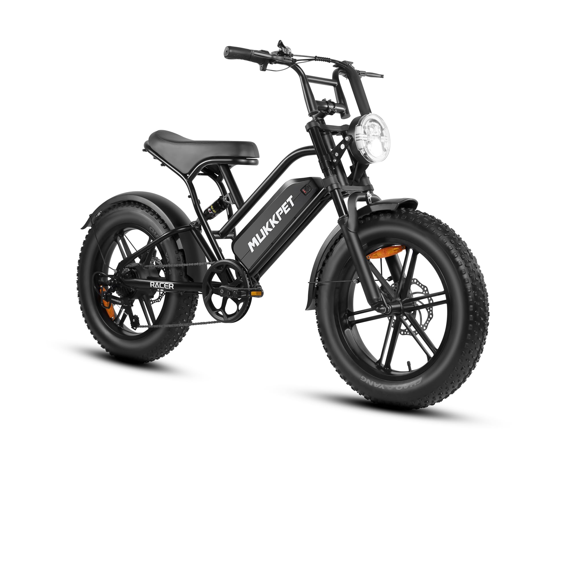Mukkpet Racer, bicicletta elettrica da 48 V, 18 Ah, autonomia 120 km, bici elettrica per adulti, velocità legale 25 km/h, fuoristrada, doppia sospensione, 7 velocità, 20" x 4.0 per