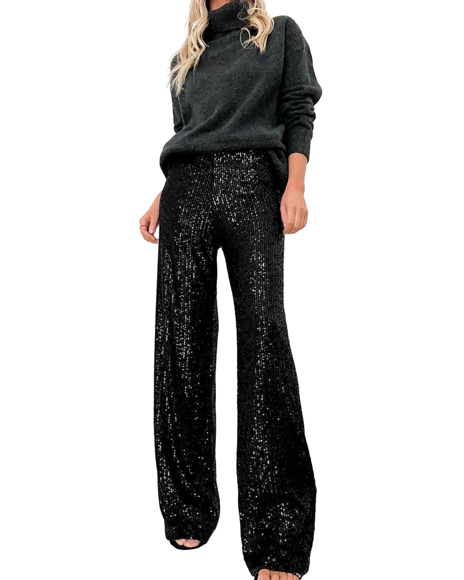 Owls-Yard Women Sequins Wide Leg Pants Shiny Loose Casual Trousers Elastic High Waist Trousers Office Streetwear A-Black S