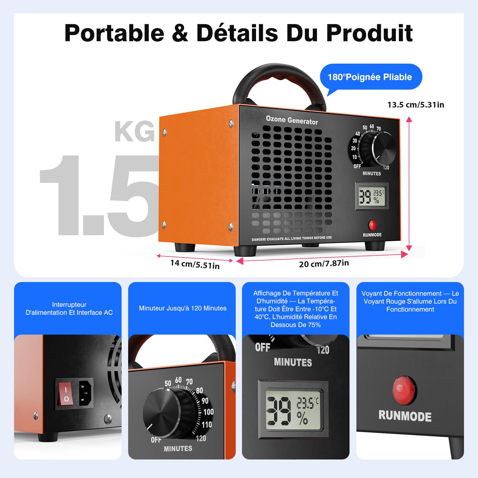 Generator ozonu 120000 mg/h – Przenośny oczyszczacz powietrza 2-w-1 z timerem 120 min, wyświetlaczem temperatury i wilgotności, przemysłowy ozonator O3 do samochodu, mieszkania, hotelu, kuchni, elimi