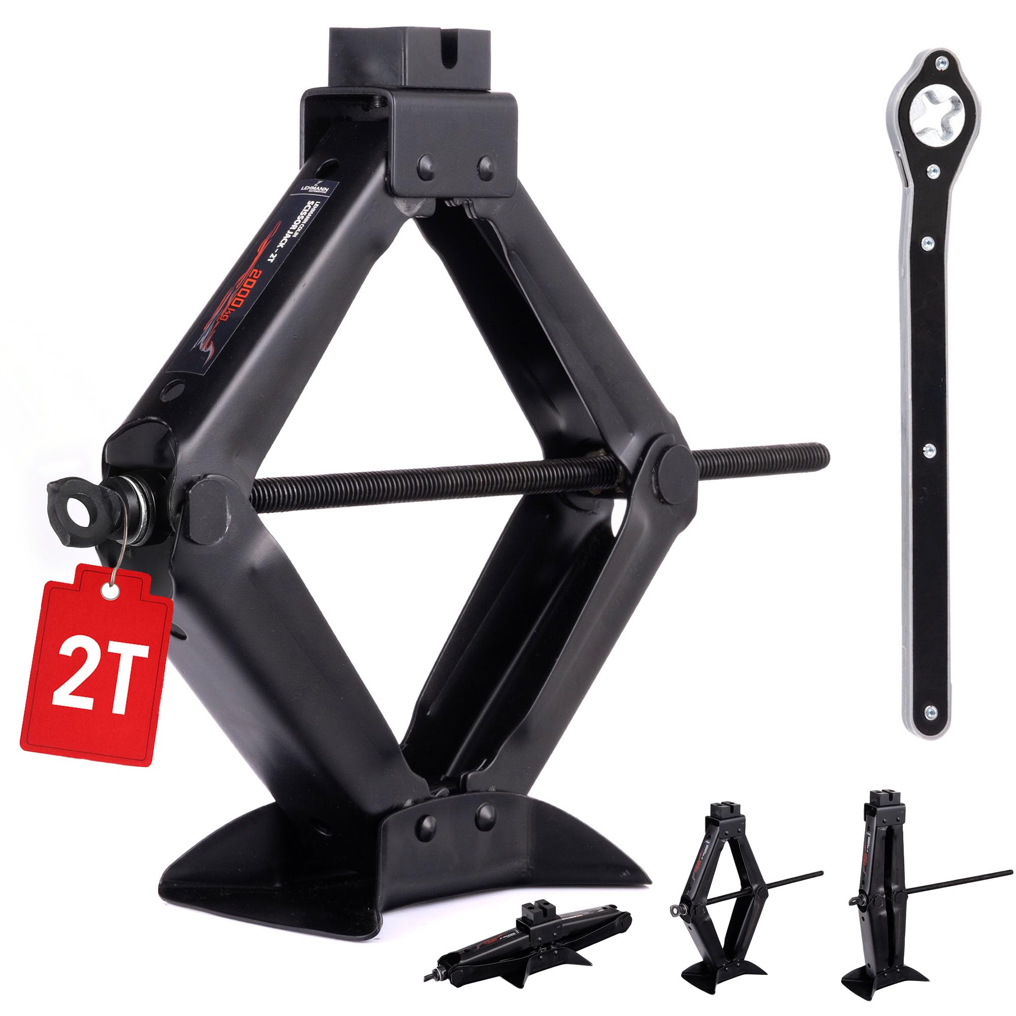 LEHMANN Cric Auto 2T - Cric a Forbice con Chiave a Cricchetto - Regolabile in Altezza 120–420mm – Cuscinetto in Gomma Integrato – ideale per Manutenzione, Riparazione e cambio gomme - Portatile