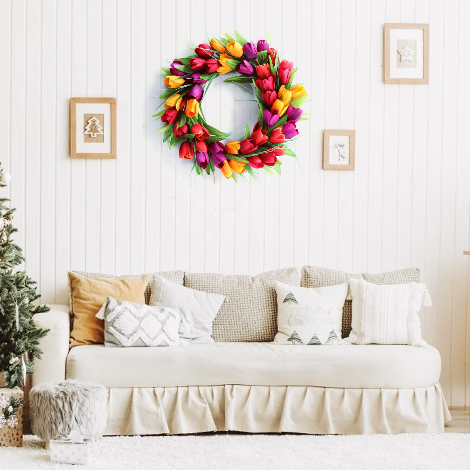 Tulpenkranz Blumenkränze für Haustür, 40 cm, künstliche Seide, Tulpenkränze, Frühlingstürkranz, Girlande für Zuhause, Hochzeit, Valentinstag, Dekoration