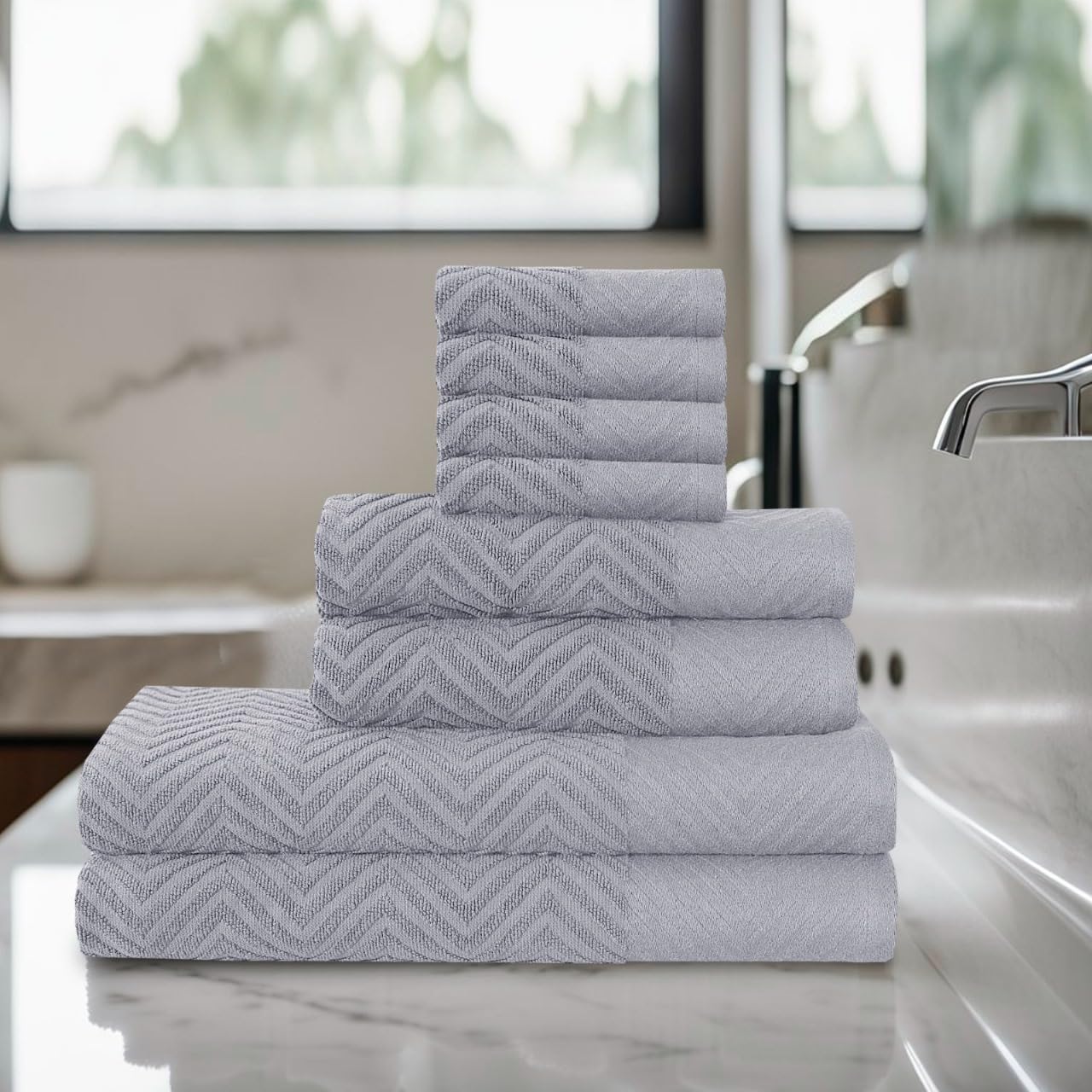 Northern Luxe 8 Piece Towel Bale Set - 600 GSM Egyptian Cotton, Ultra Soft, Absorbent & Durable Terry Towels for Face, Hand & Bath Towel (Zig Zag Silver, Bale of 8)