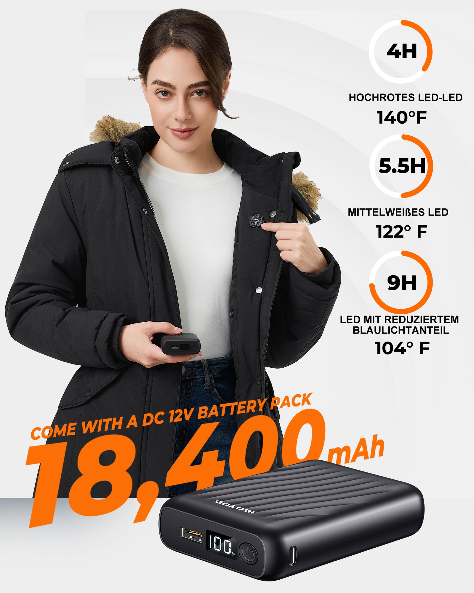 Beheizbare Jacke Damen mit Powerbank 12V 18400mAh, 8 Heizzonen Heizjacke mit 3 Temperaturstufen,Wasserdicht Warme Wintermantel mit Abnehmbar Kapuze, Winddicht Lang Parka zum Skifahren