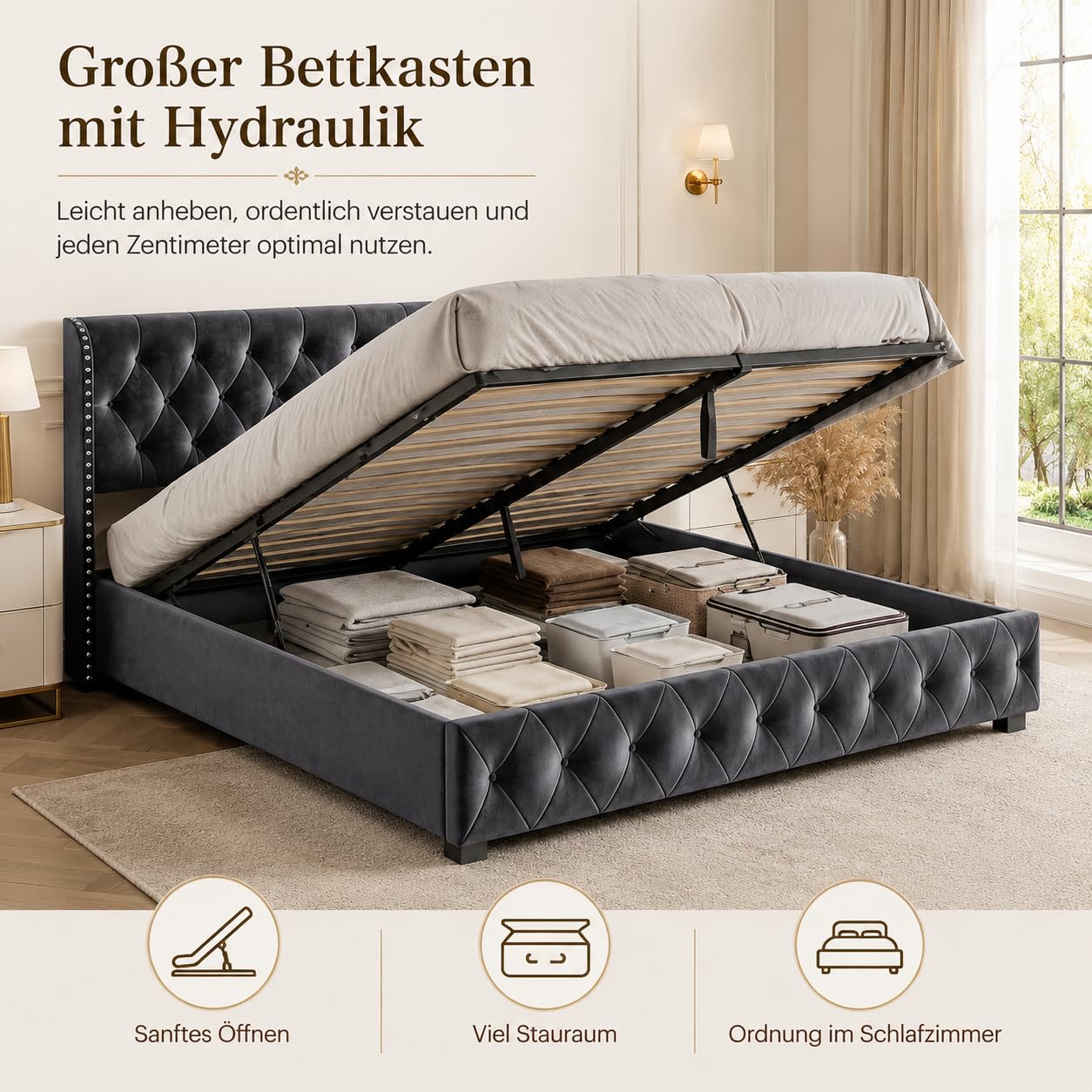 Polsterbett 140 x 200 cm, Hydraulisch Gepolstertes Doppelbett mit Stauraum, Doppelbett mit Lattenrost aus Samt, Moderner Komfort in Grau, ohne Matratze (140x200cm)