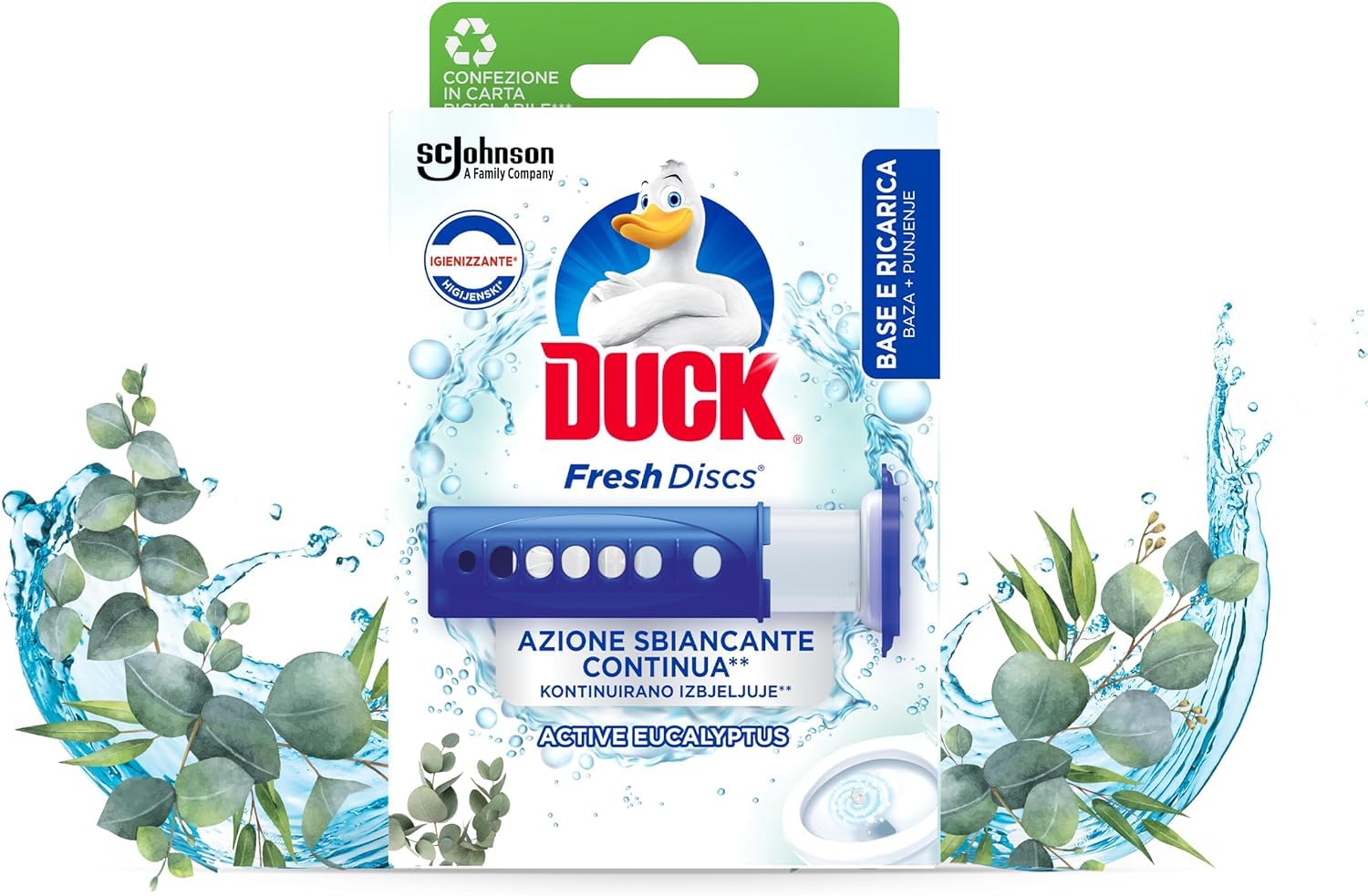 Duck Fresh Discs - Base per Dischi Gel Igienizzanti WC, Fragranza Eucalipto con agenti candeggianti - Confezione da 1 Applicatore e 6 Dischetti