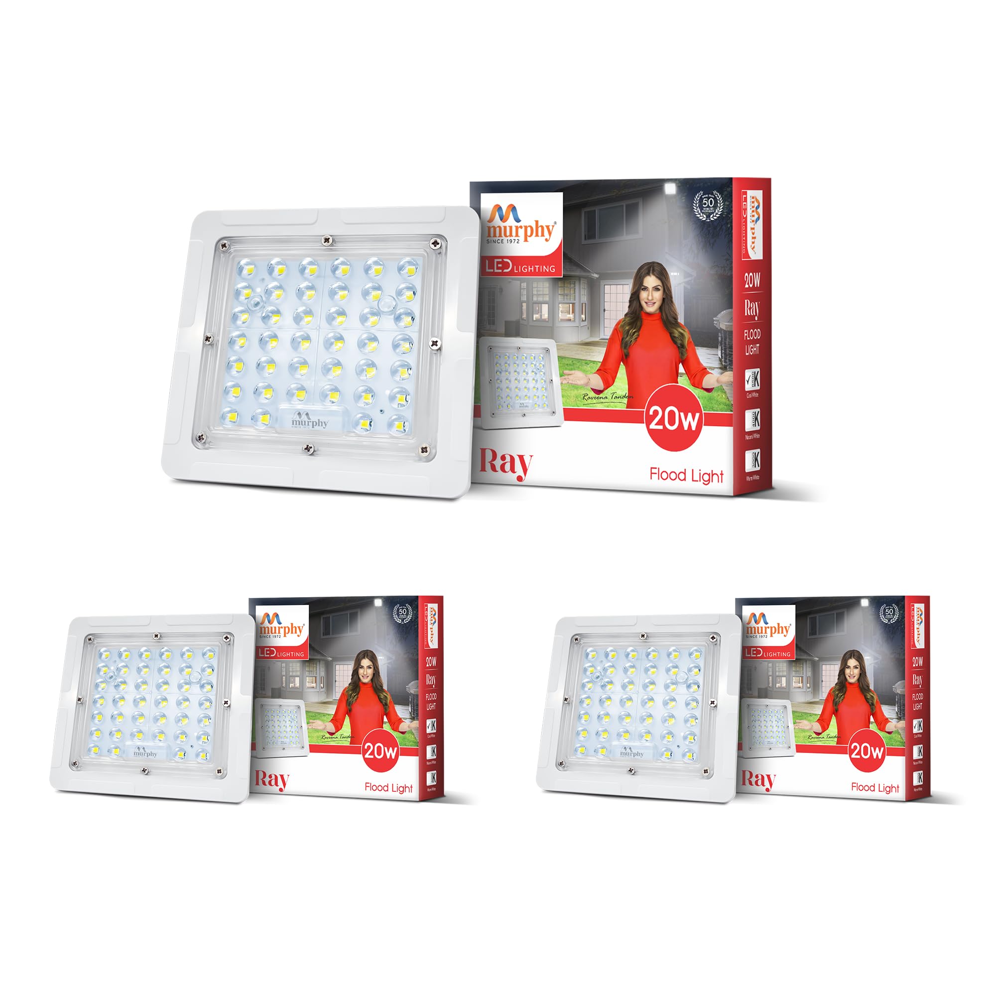 Murphy Ray 20W LED Flood Light with 2-Year Warranty | Cool White | High Brightness Outdoor LED for Security, Landscape, Warehouse, Backyard | IP66 Waterproof | BIS Approved Pack of 3