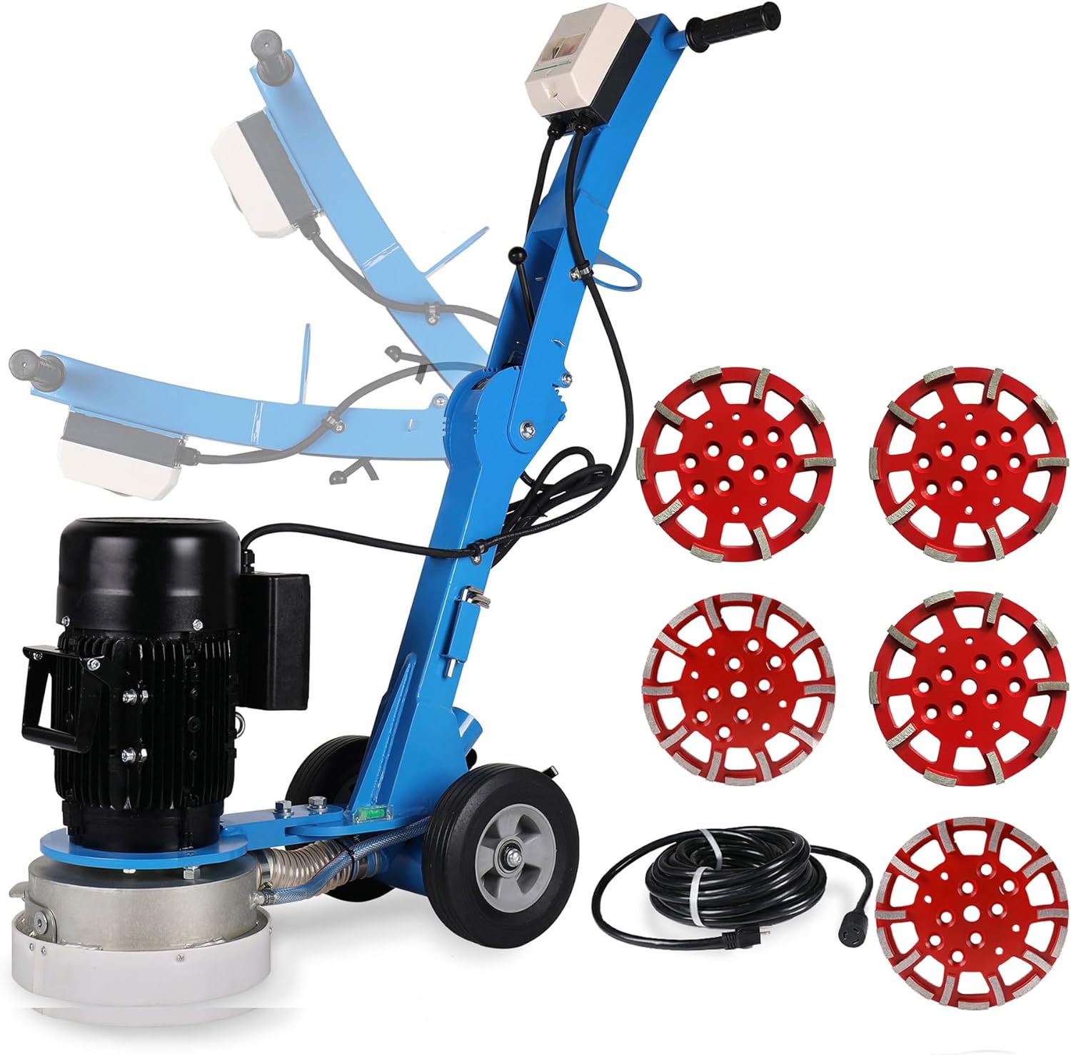 1730 RPM Concrete Floor Grinder Polishing Machine 1.5HP with 5Pcs Concrete Grinding Head 10 Inch, 110V Grinder Machine Adjustable