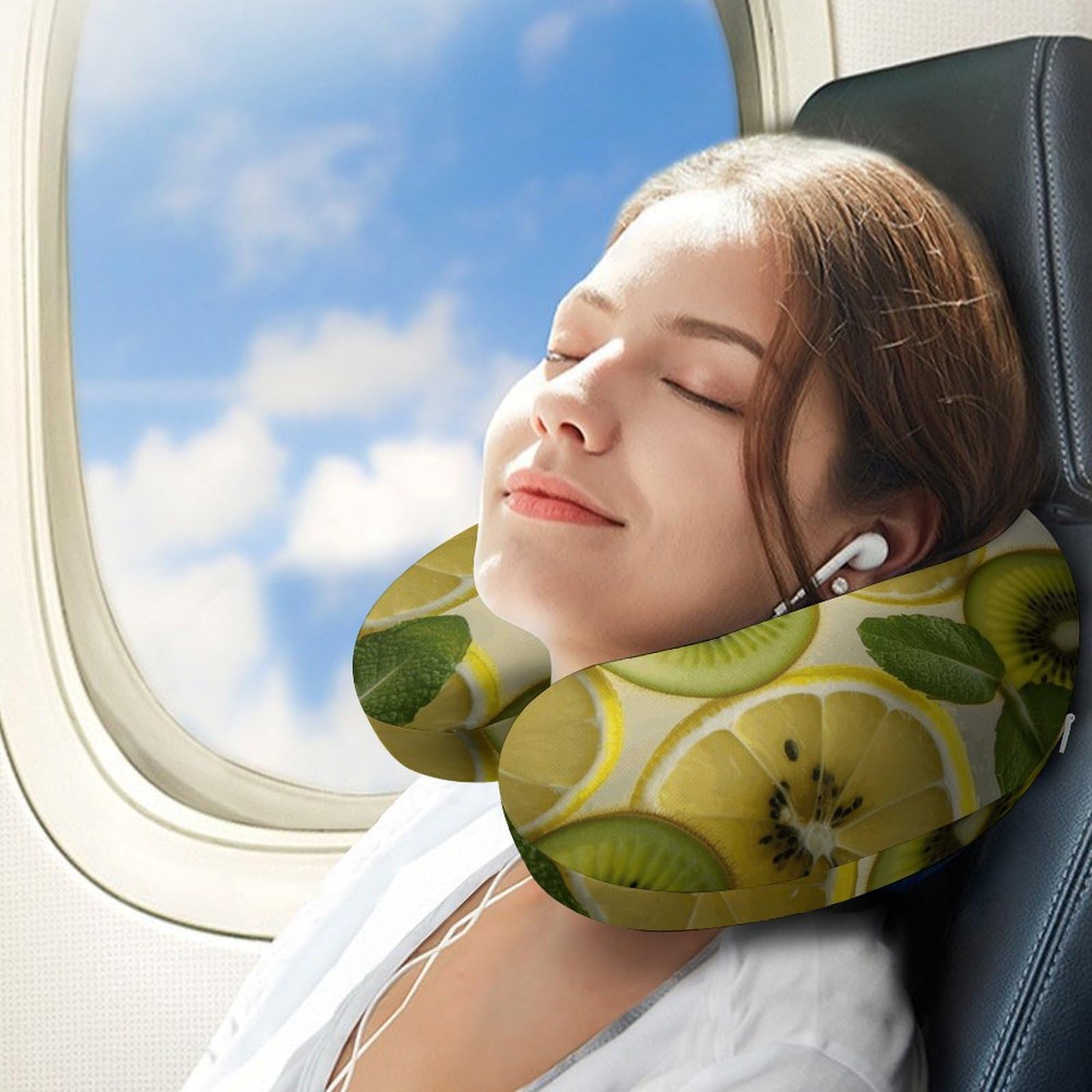 Almohada en forma de U de limón y kiwi en rodajas, núcleo de almohada de espuma viscoelástica, cojín, proporciona apoyo para el cuello, almohada de viaje, adecuada para aviones, coches
