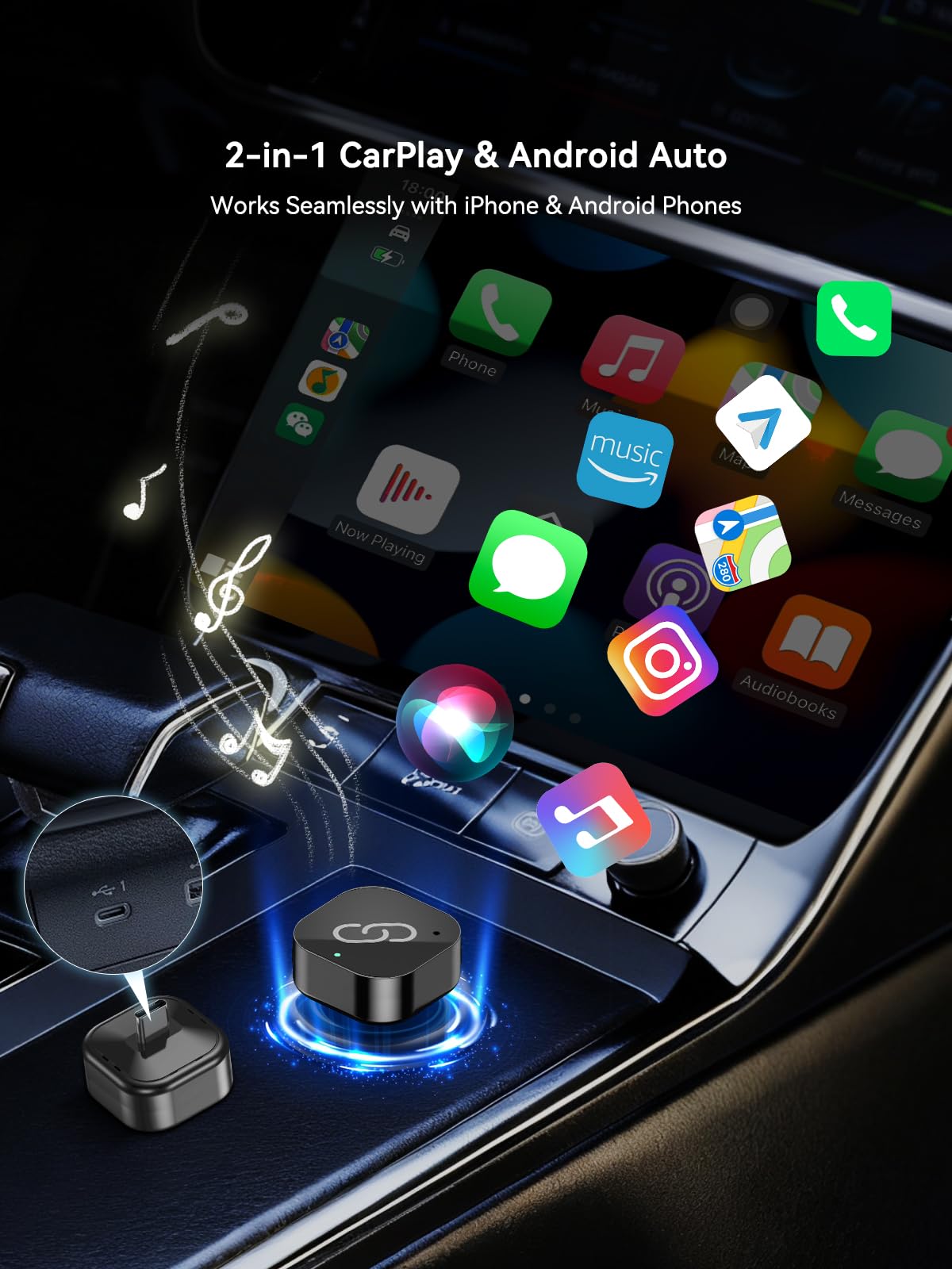 Adaptador CarPlay inalámbrico 2 en 1 USB C para CarPlay con cable de fábrica y Android Auto, reconexión automática WiFi Bluetooth 5.0 de 5 GHz, dongle de baja latencia, negro