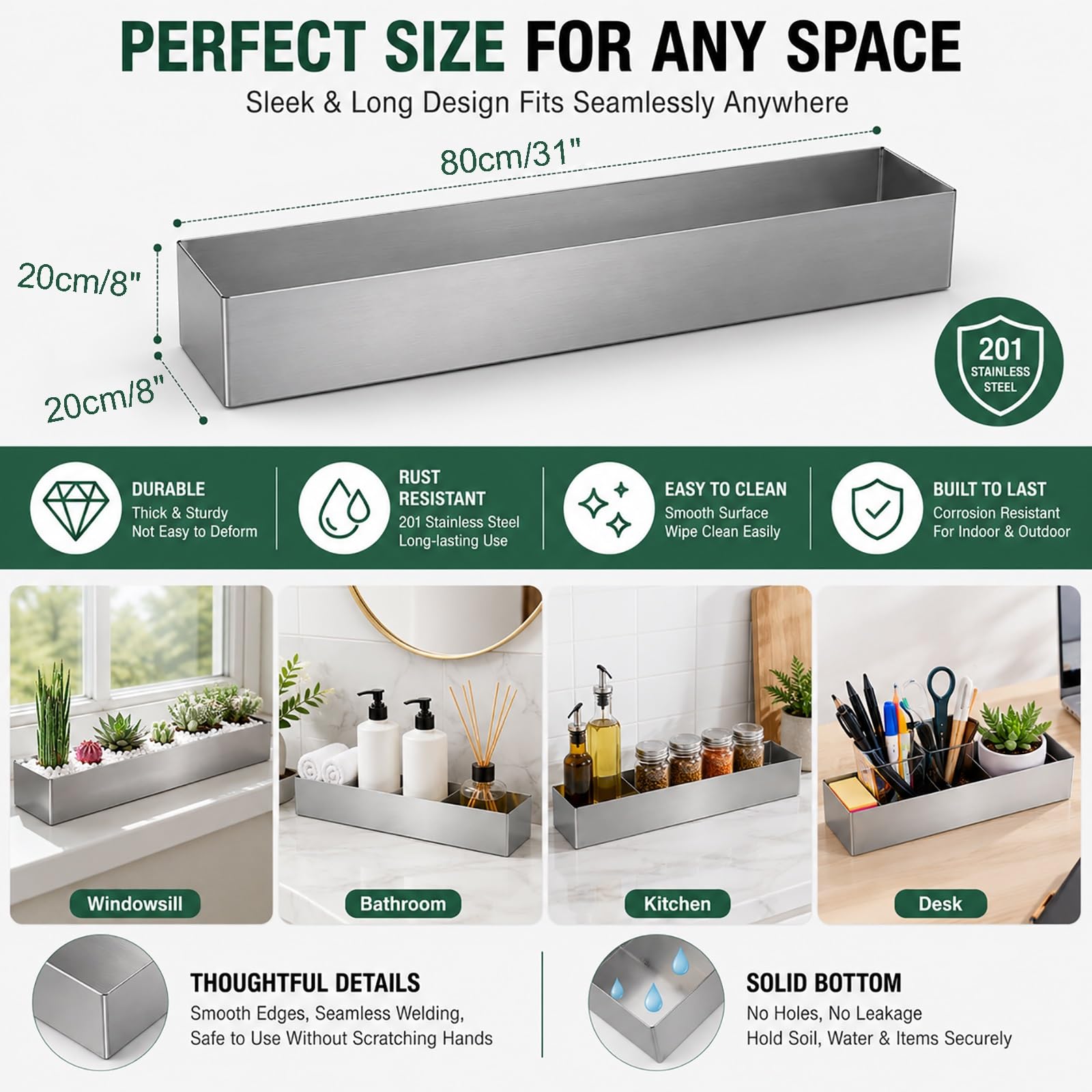 Fioriera in acciaio inox, vassoio rettangolare in metallo, finestra 201 per piante grasse, erbe, scrivania, bagno, cucina organizer