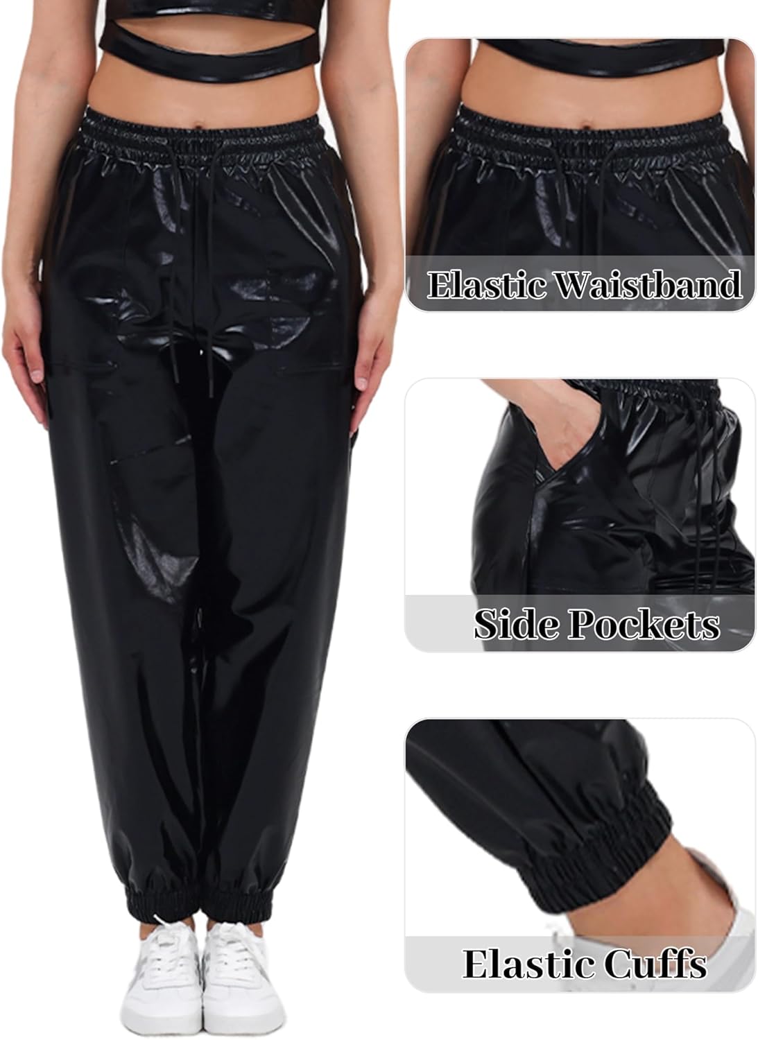 Women's Shiny Metallic Pants Wet Look Hip Hop Jogger Sweatpants Holographic Glitter Pants Rave Dance Pants with Pockets - Image 5
