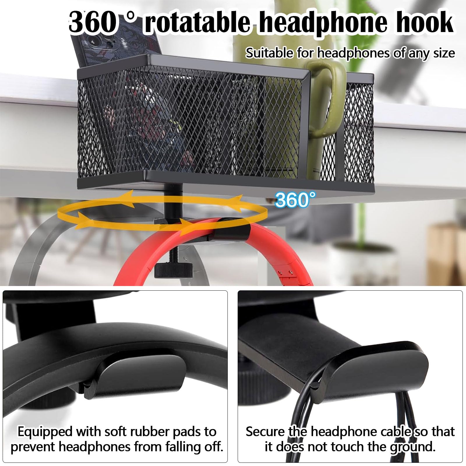 Supporto 4 in 1 per Tazze da scrivania con Cuffie sotto la scrivania Supporto per Cuffie Girevole Supporto per Cuffie Rimovibile Tazza Organizer per Penne Tazza per Telefono cellul