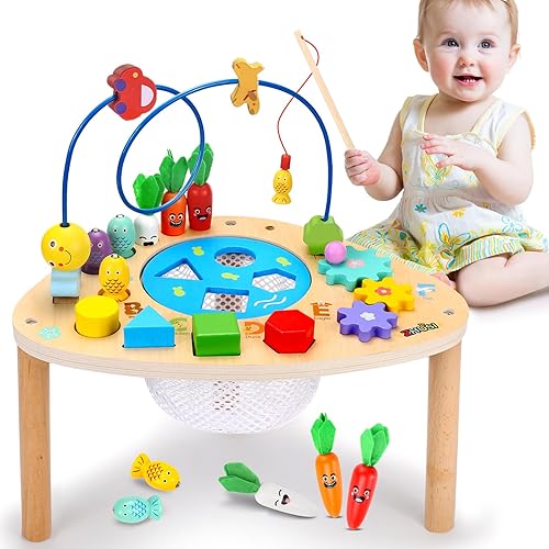 Miniatura 7 de Mesa de actividades para niños de más de 1 año, juguetes Montessori de madera 6 en 1 con juego de pesca, juguete clasificador de forma de laberinto
