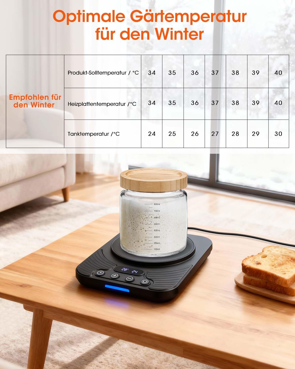Sauerteigstarterwärmer, Wärmeplatte Präzise 1℃ Thermostat (21-43℃), 24H Timer, Automatische EIN/Aus-Funktion mit Speicher, Wärmegerät Ideal für Brotbacken & Fermentation
