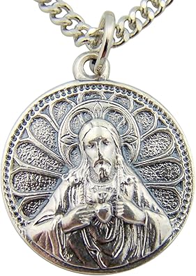 CB Silver Toned Base Scapular Sacred Heart Jesus Our Lady of Mt Carmel Medal, 7/8 Inch