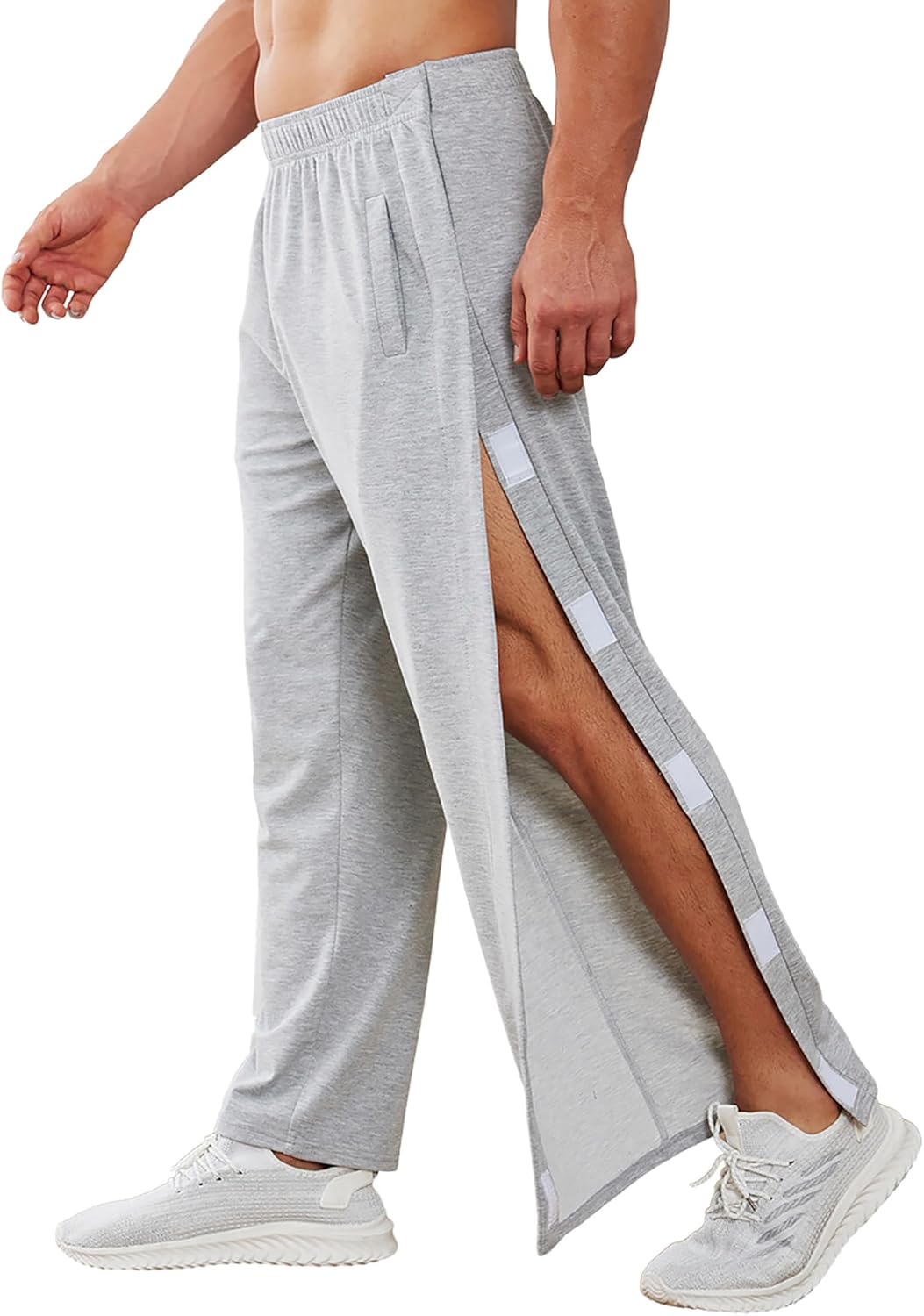 Deyeek Men's Tear Away Pants 2 Side Snap Open Bottom Sweatpants Loose Fit Casual Post Surgery Pants with Pockets