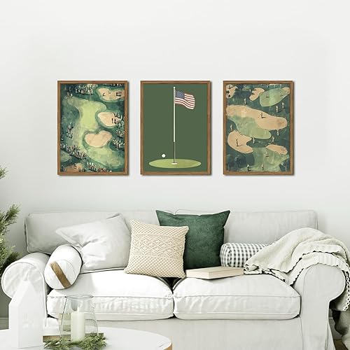 Miniatura 2 de Juego de 3 arte de pared vintage de golf, pinturas deportivas de mediados de siglo, arte de paisaje de campo de golf verde retro, cuadro de arte