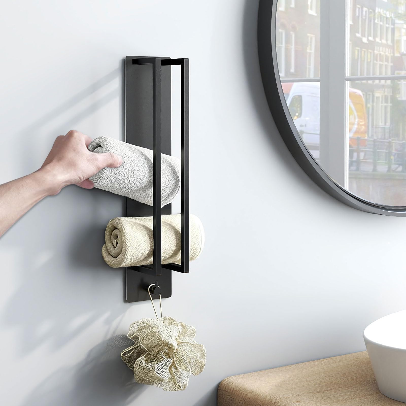 STWWO Porte-Serviettes sans perçage Support Serviette d'invité avec Crochet auto-adhésif 420x90x75mm Porte Serviette Roulé Murale pour Salle de Bain Cuisine, Acier Inoxydable, Noir