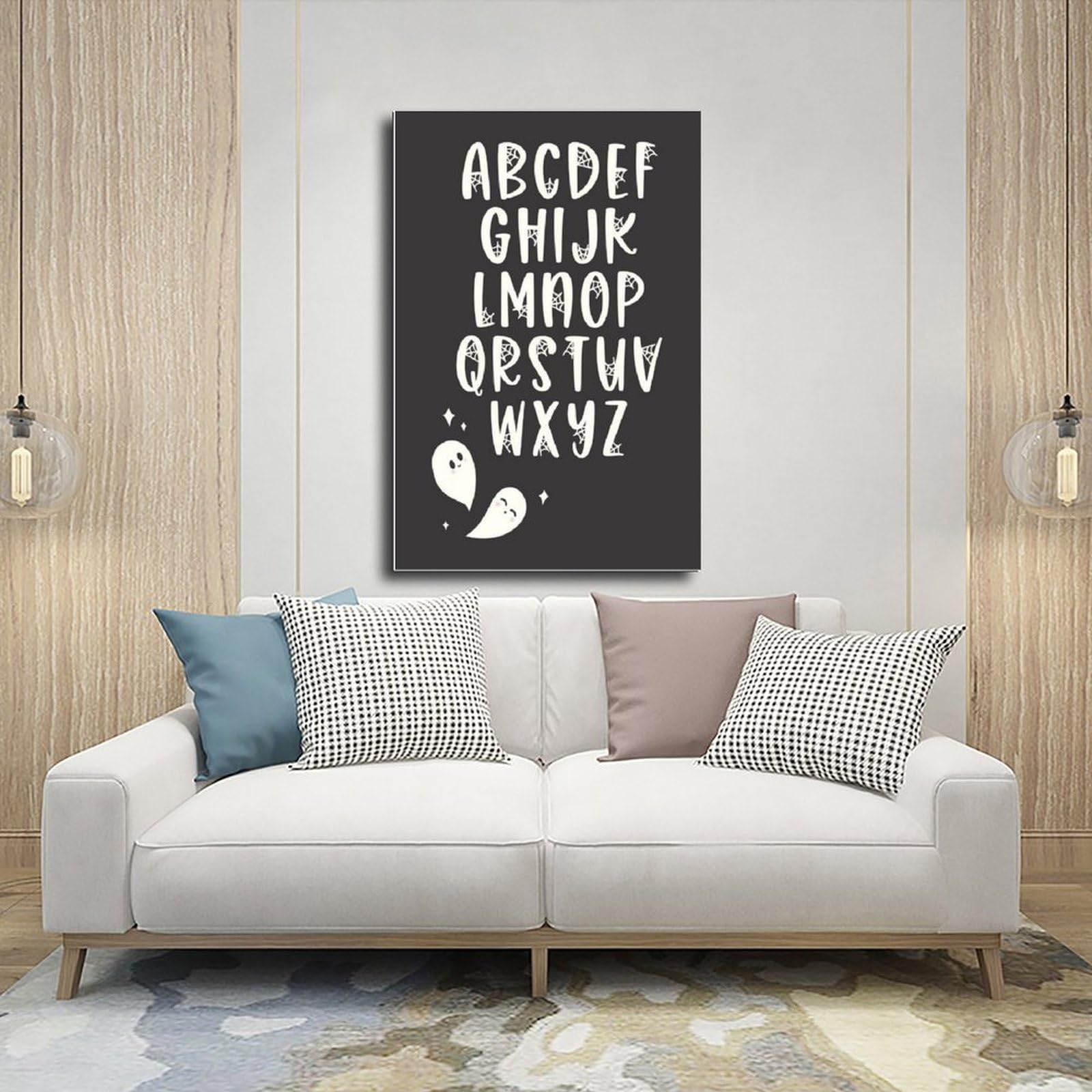 Poster sur toile de l'alphabet blanc sur fond noir pour l'apprentissage et l'éducation - Décoration murale pour salon, chambre à coucher - 61 x 91,4 cm (L x l)