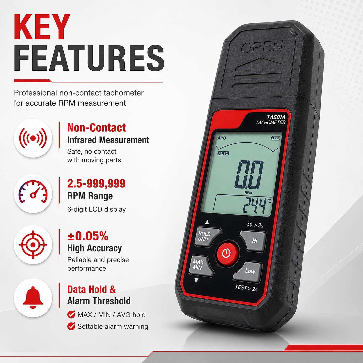 Tachimetro Digitale Senza Contatto, 2,5 a 999.999 RPM Misuratore Fotoelettrico Della Velocità di Rotazione, Precisione Dello 0,05%, Con Allarme, per Il Controllo Della Velocità di Motori E Ventole