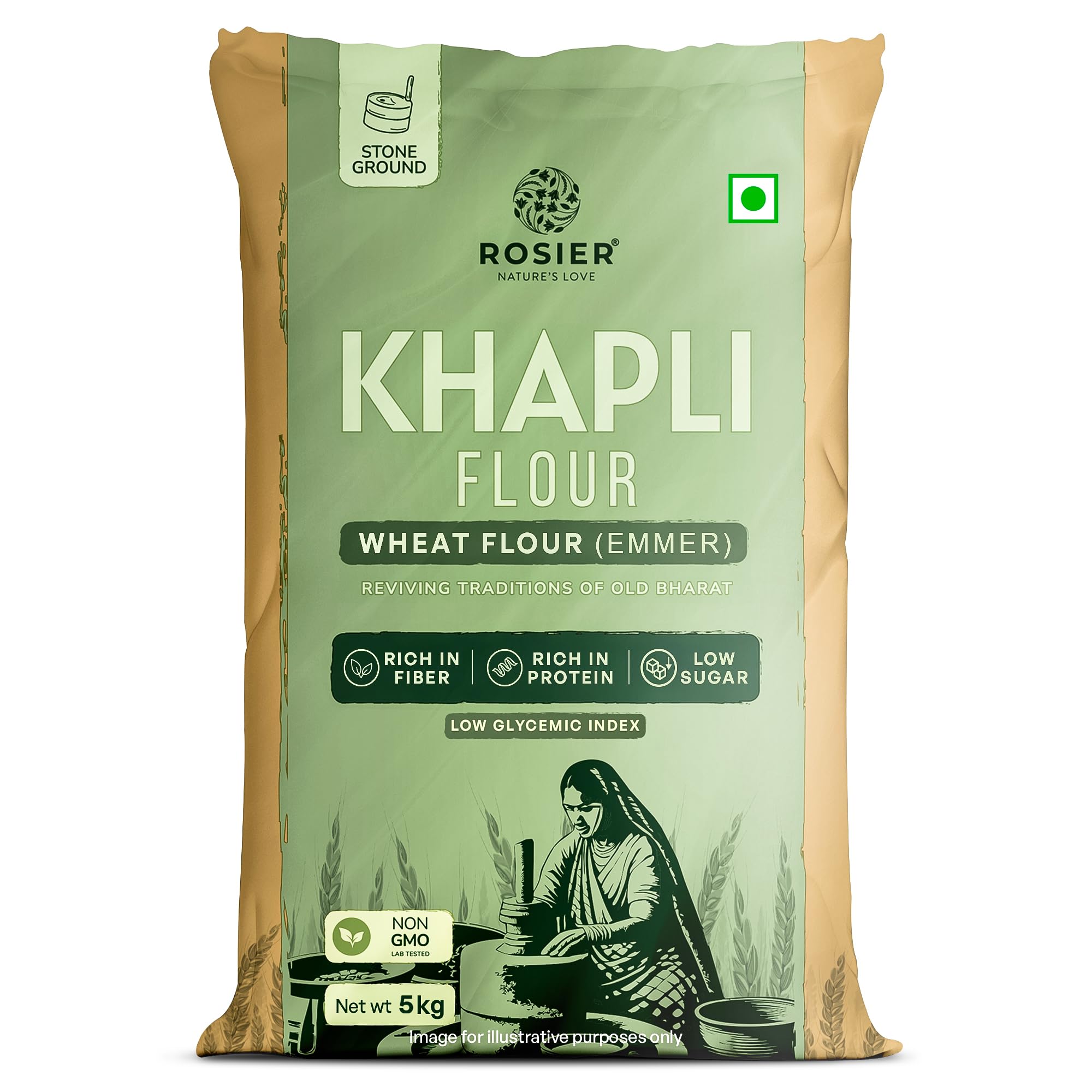Rosier khapli atta, Khapli Wheat Flour | 5KG (Pack of 1) | Rich Protein & Fiber | Easy Digestion | Stoneground Emmer Wheat Chakki Atta | Low Gluten Ancient Grain | Atta | 100% Natural | (Khapli Wheat Atta)