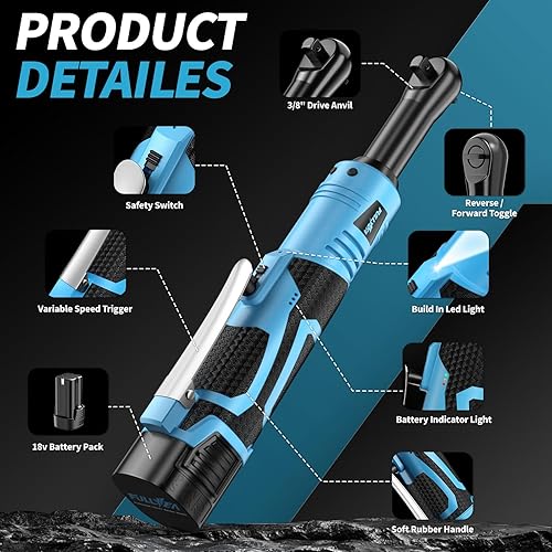 Miniatura 2 de Juego de llaves de trinquete eléctricas, kit de herramientas de trinquete inalámbrico de 18 V, 550 RPM, llave de trinquete de potencia de velocidad