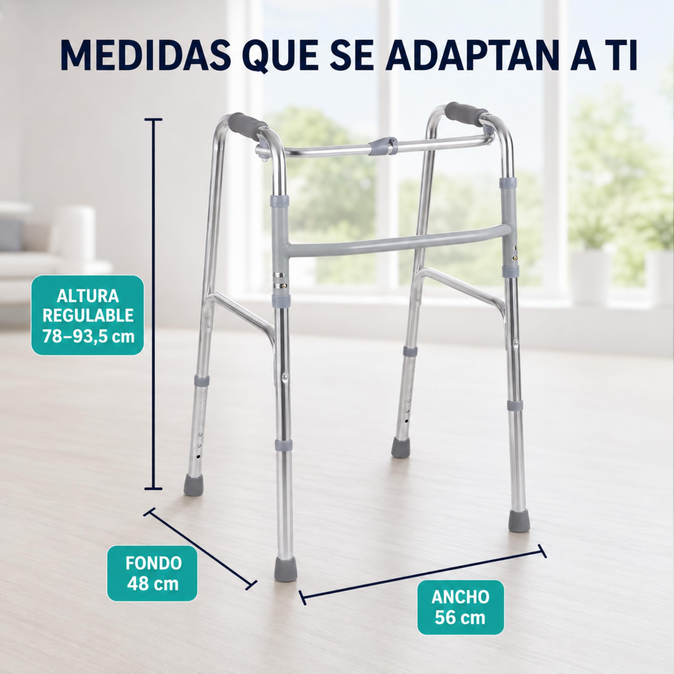Andador Plegable para Adulto de Aluminio. Andador Ortopédico sin Ruedas. Andador Ligero para Mayores. Caminador para Adultos Regulable en Altura. Andador de Aluminio Recíproco.