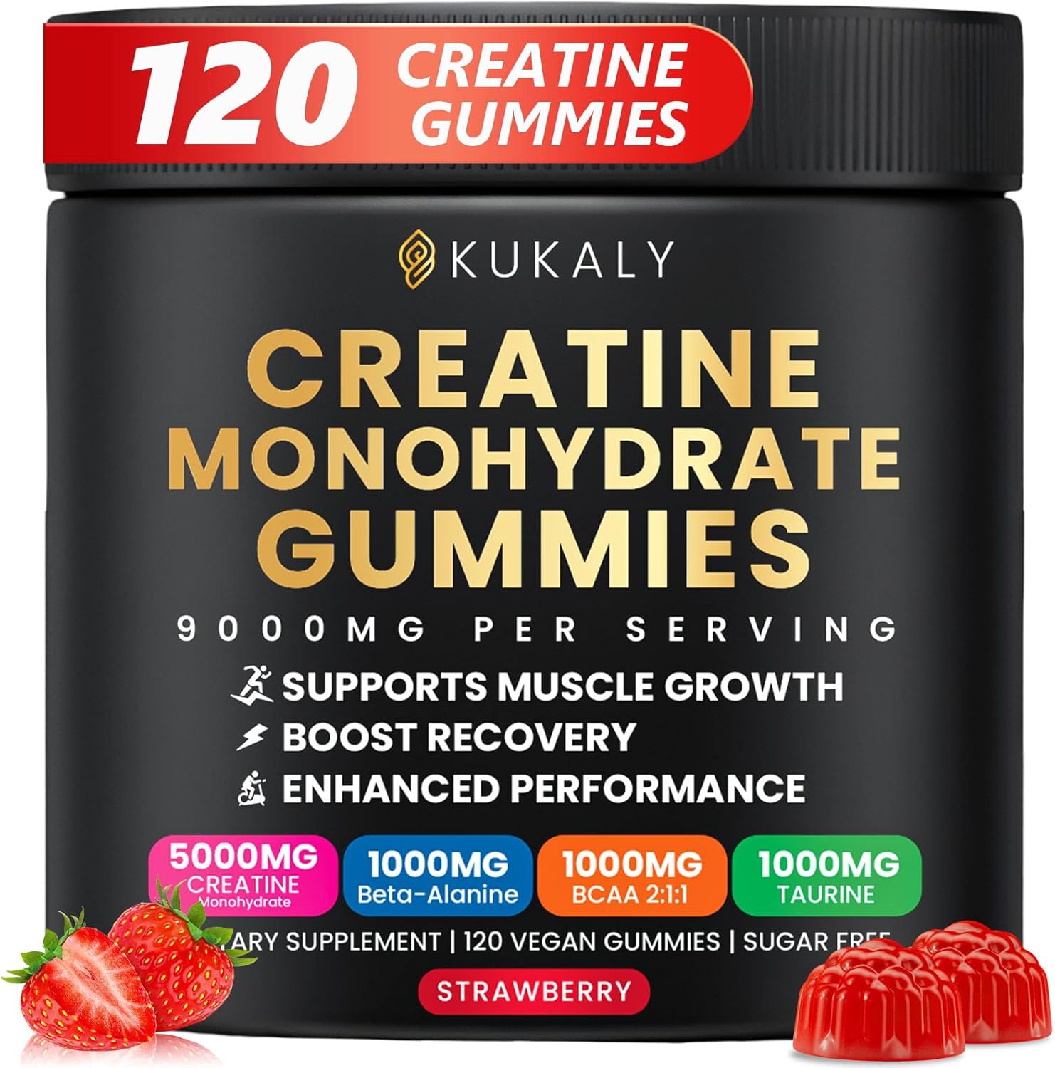 Creatine Monohydrate Gummies for Men & Women, 9000MG Creatine Gummies Sugar Free with L-Taurine, BCAA 2:1, B12 B6 for Boost Strength, Focus & Endurance, Vegan, Non-GMO, Strawberry 120pcs