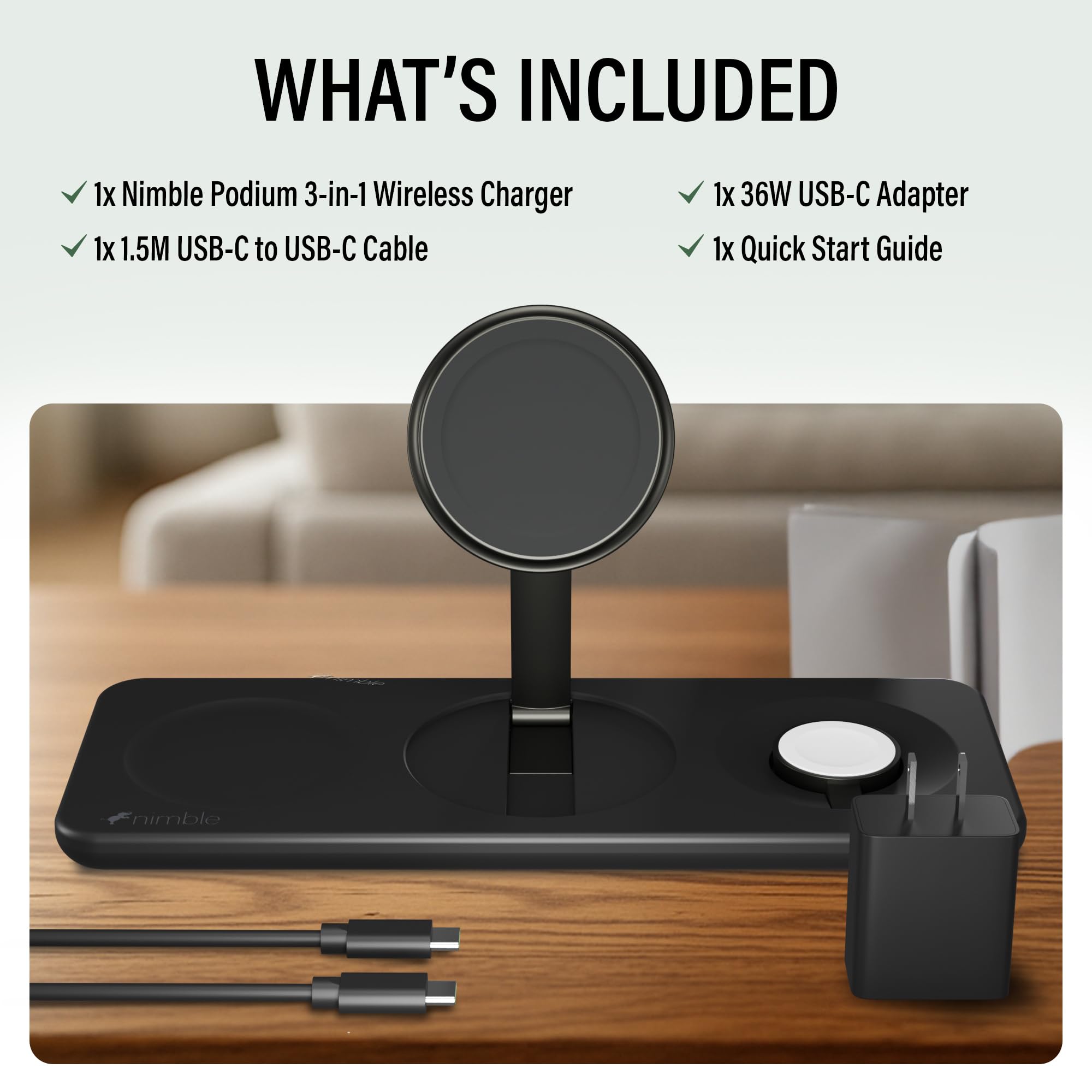 Nimble Podium - Stazione di ricarica wireless 3 in 1 per Apple, supporto caricabatterie Magsafe da 15 W, certificato Qi2, caricabatterie wireless per iPhone 16, 15, 14, 13, 12, Apple Watch, serie